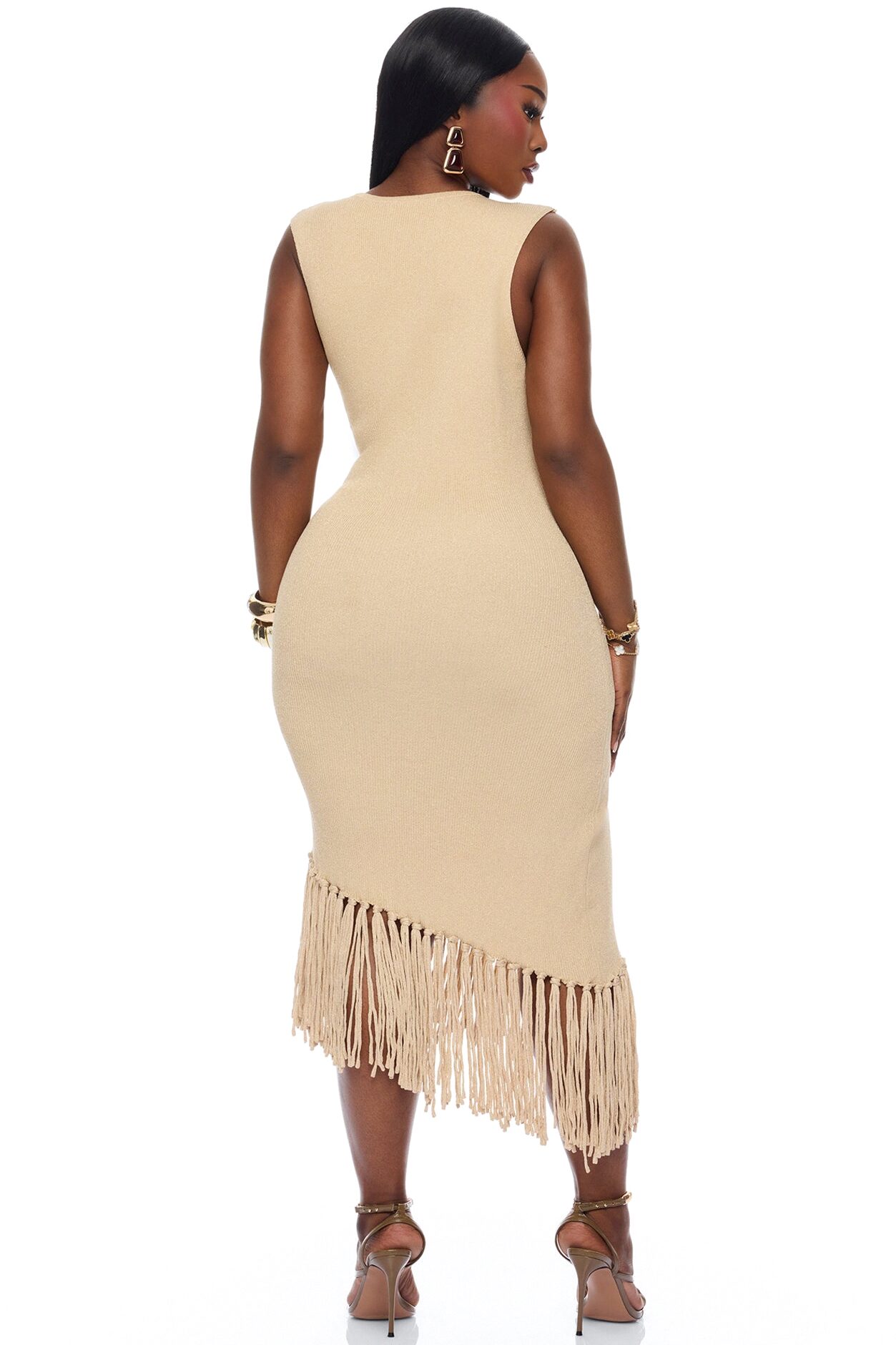 Mariah Fringe Metallic Knit Midi Dress - Gold