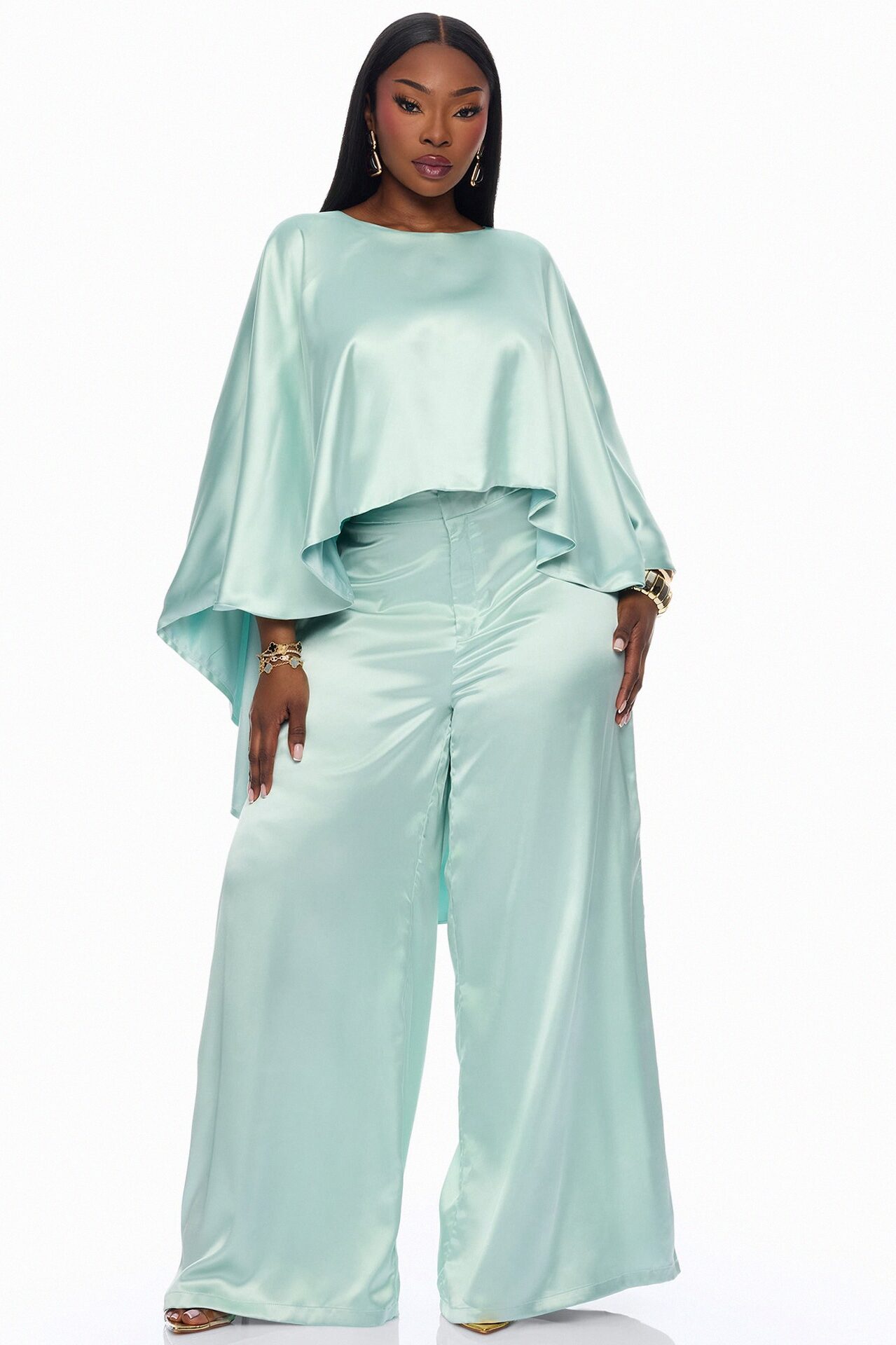 Zarah Draped Satin Pant Set - Mint