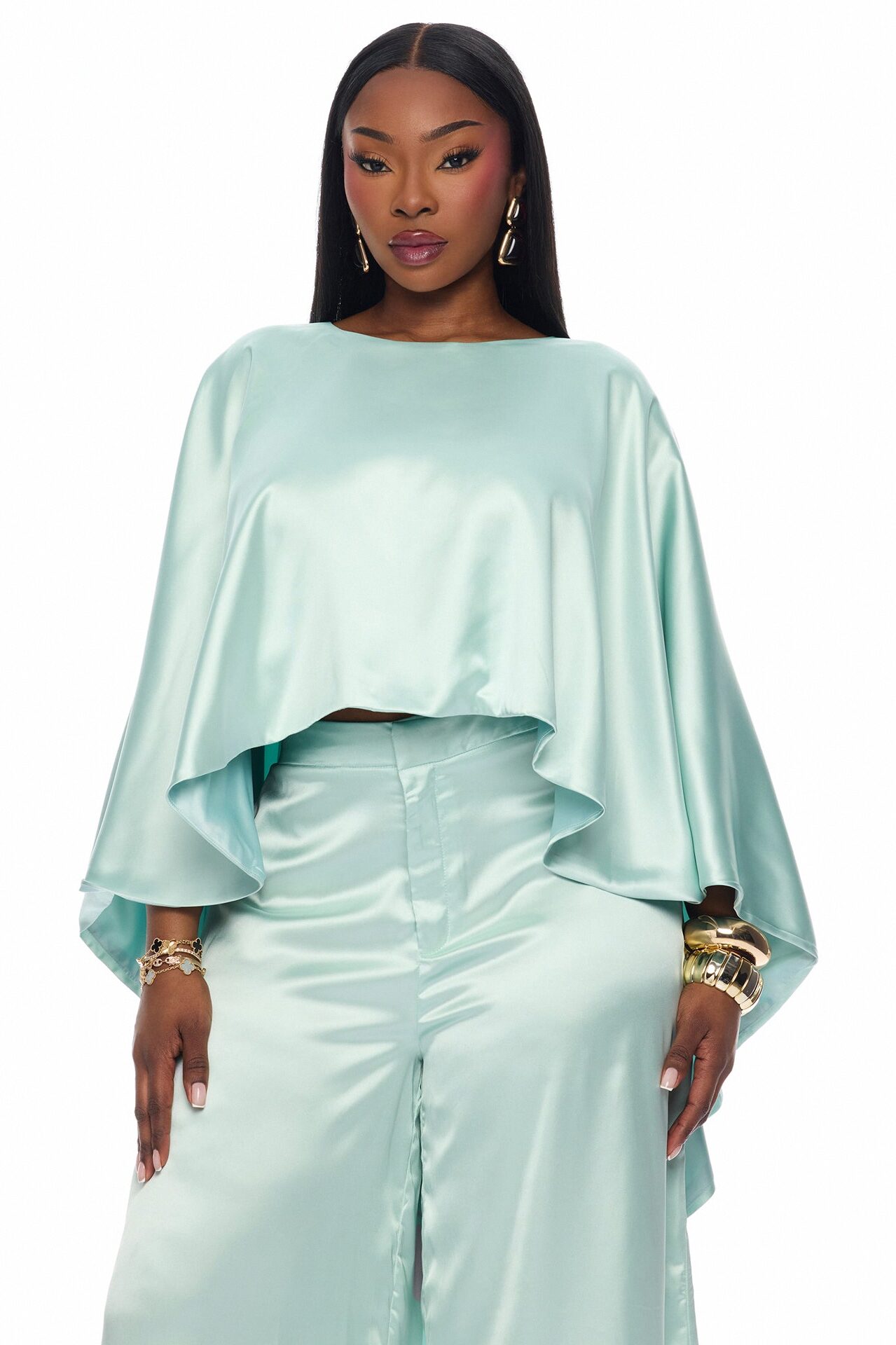 Zarah Draped Satin Pant Set - Mint