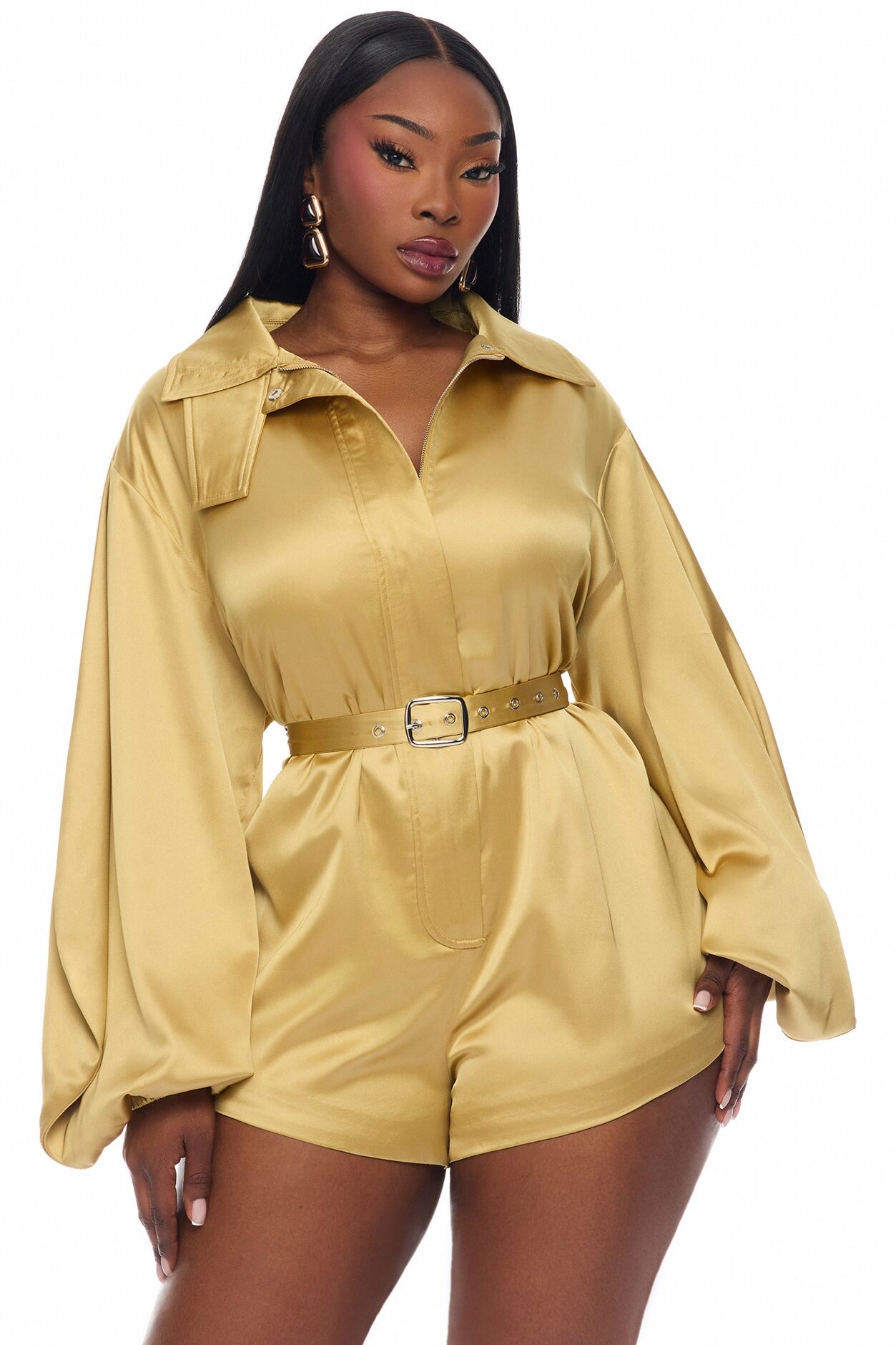 Izabel Balloon Sleeve Satin Romper - Gold