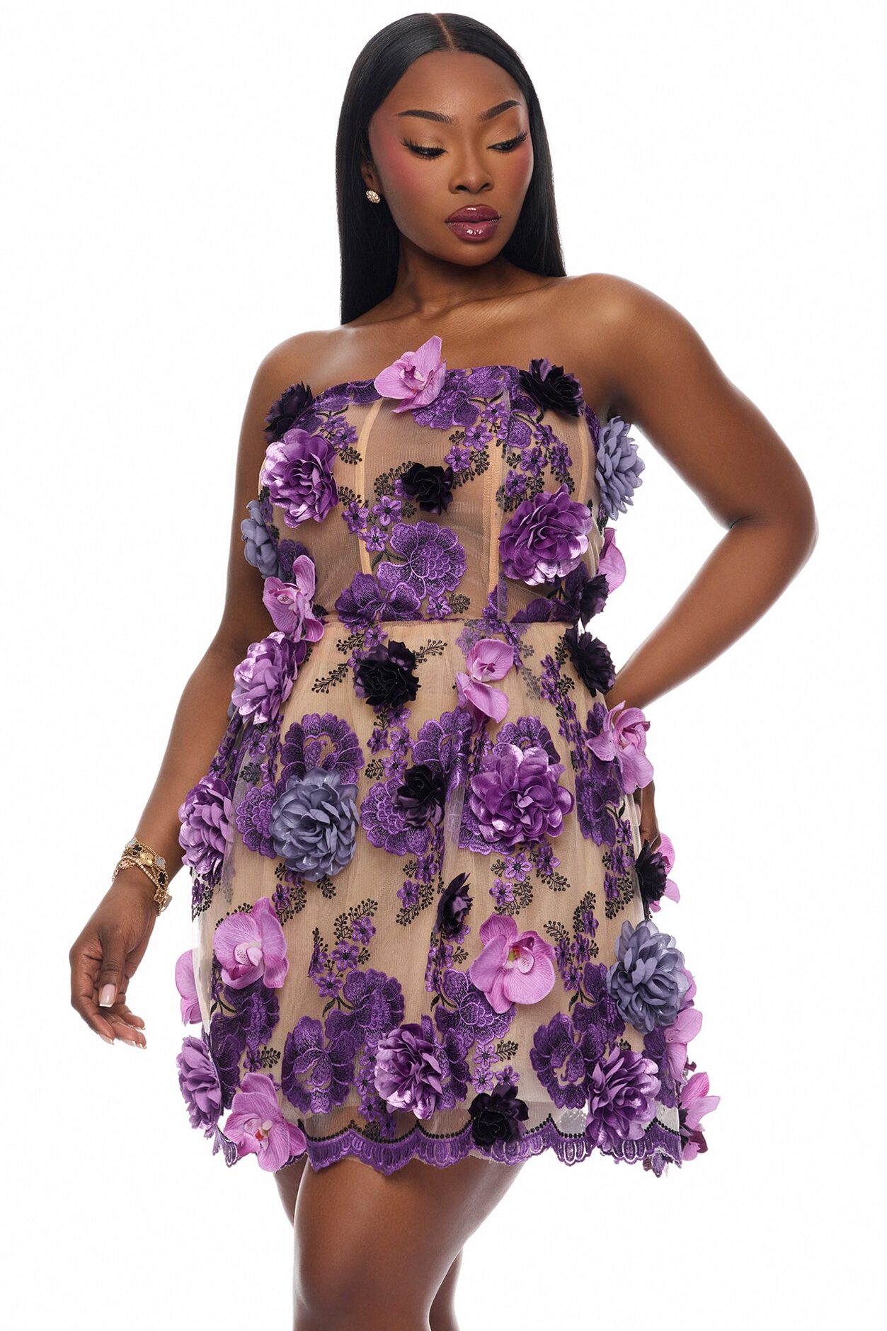 In Bloom Floral Applique Mini Dress - Purple