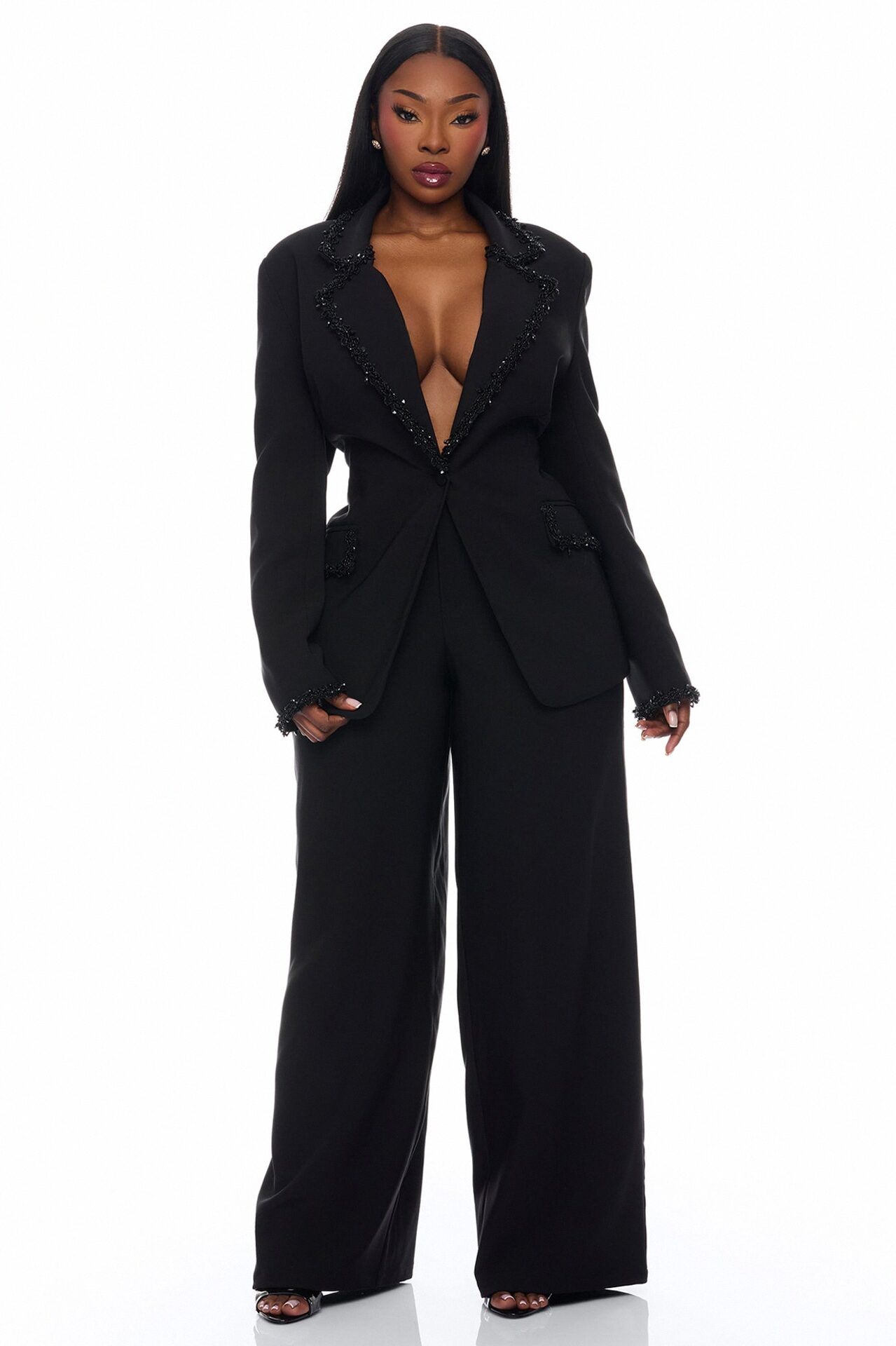 Sweetest Touch Beaded Trim Suit Set - Black