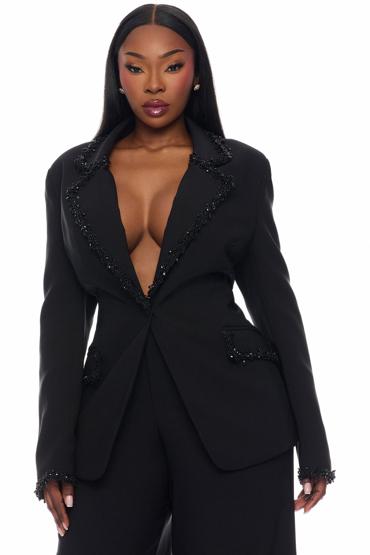 Sweetest Touch Beaded Trim Suit Set - Black