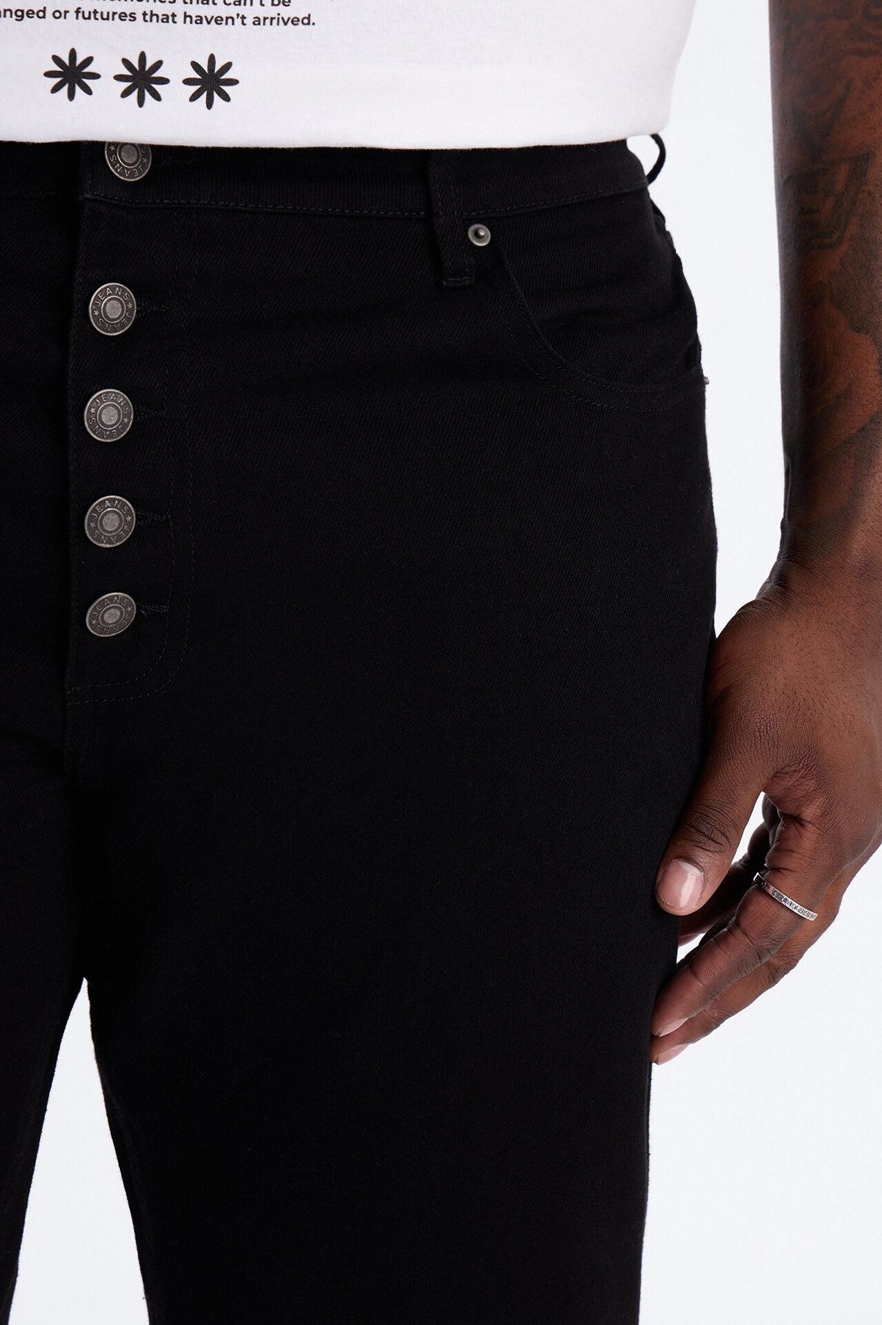 Stacked Slim Flare Exposed Button Front Slit Jean - Black
