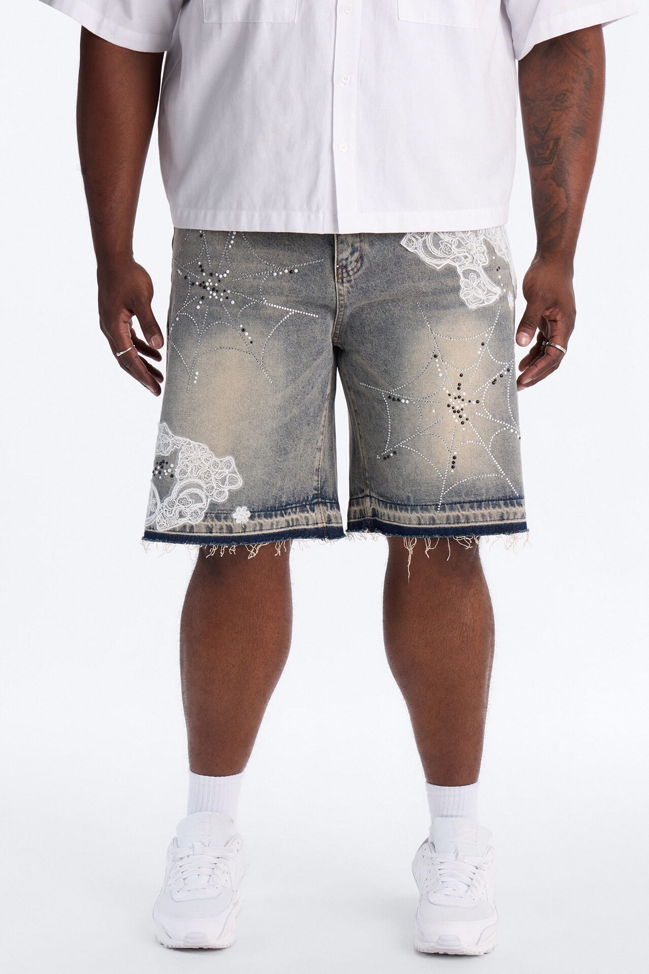 Lace Trap Rhinestone Baggy Denim Short - Light Blue Wash