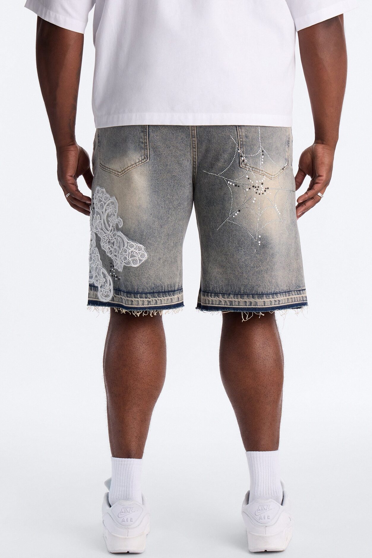 Lace Trap Rhinestone Baggy Denim Short - Light Blue Wash