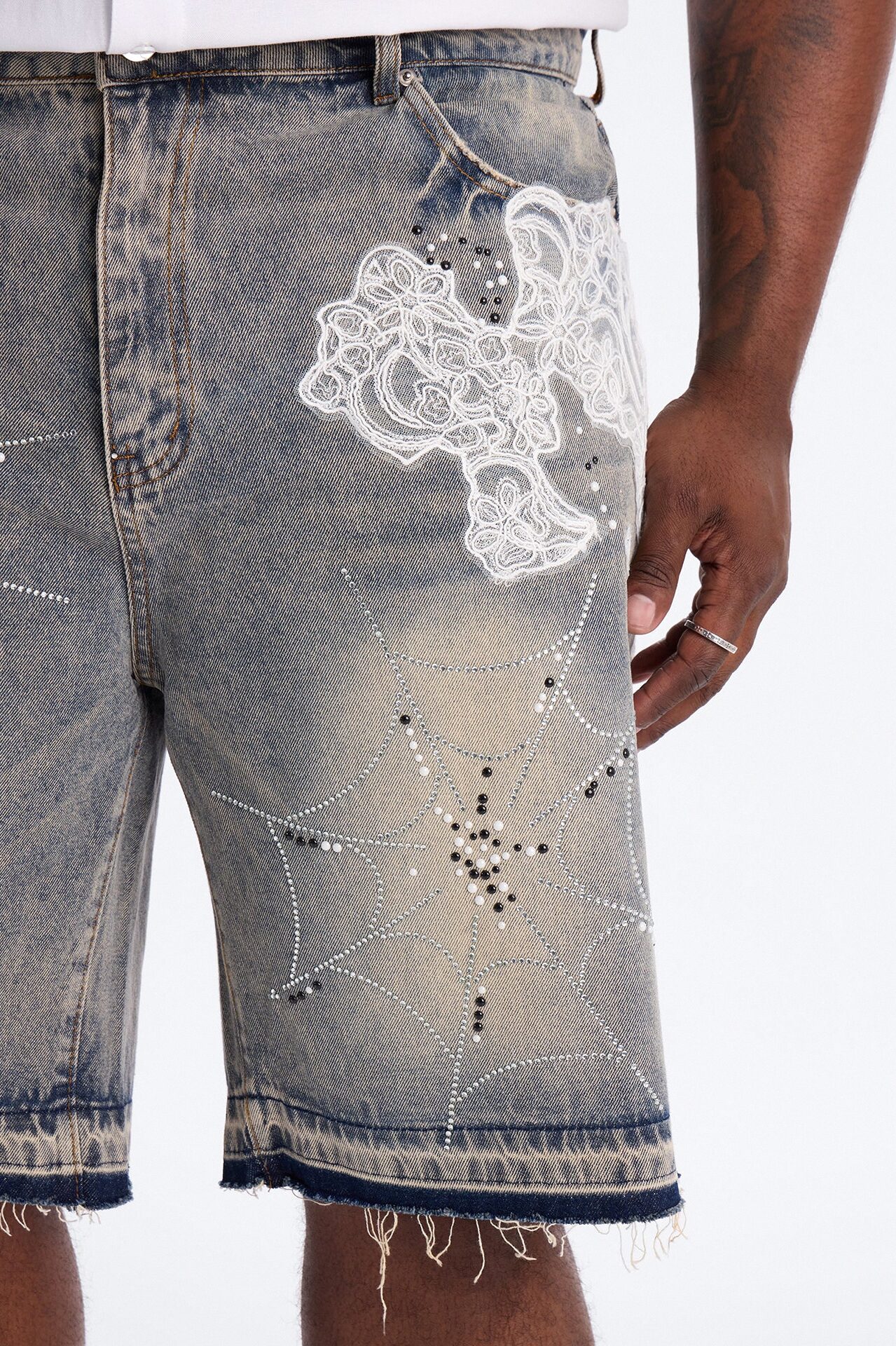 Lace Trap Rhinestone Baggy Denim Short - Light Blue Wash