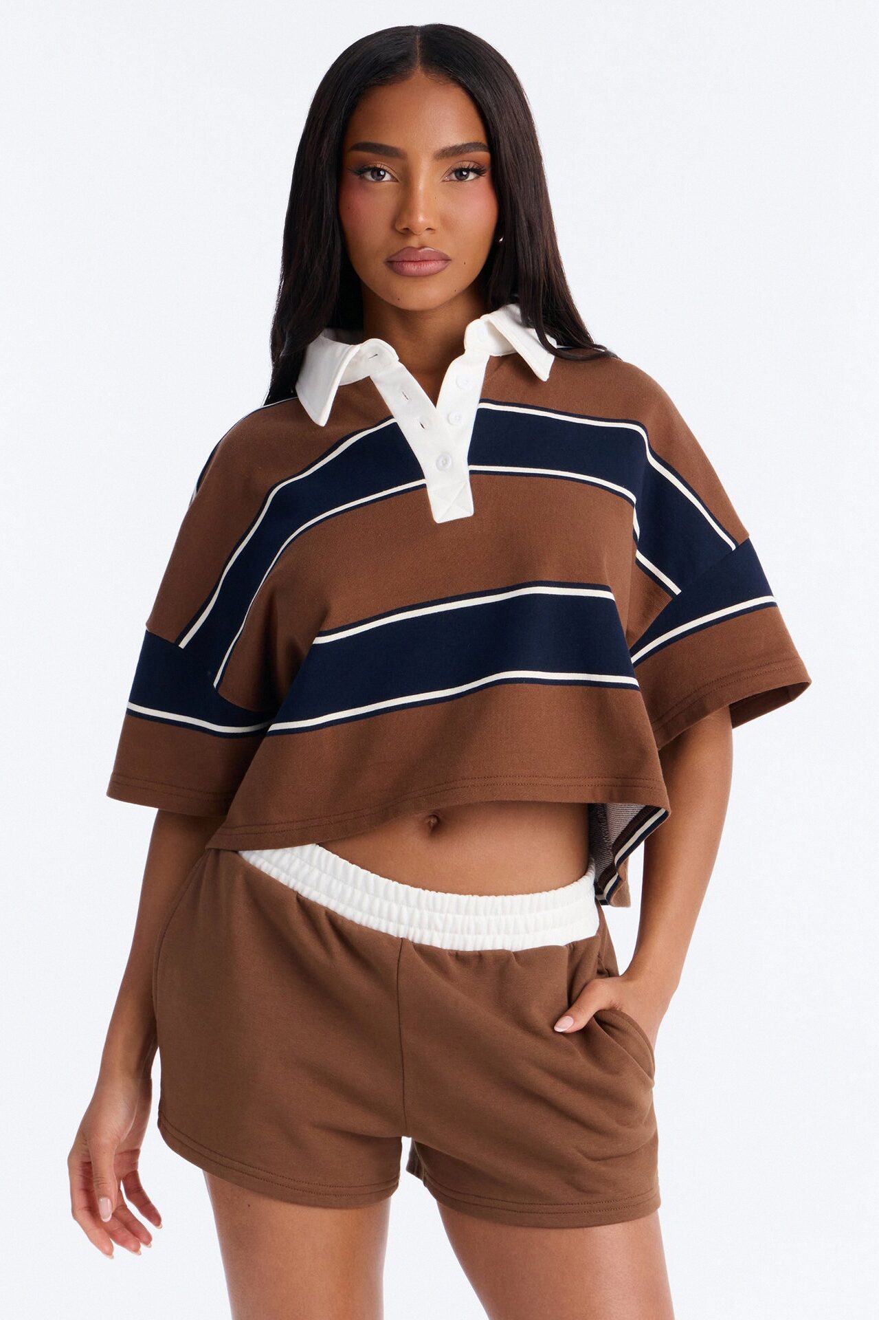 Sydney Striped Polo Lounge Short Set - Chocolate