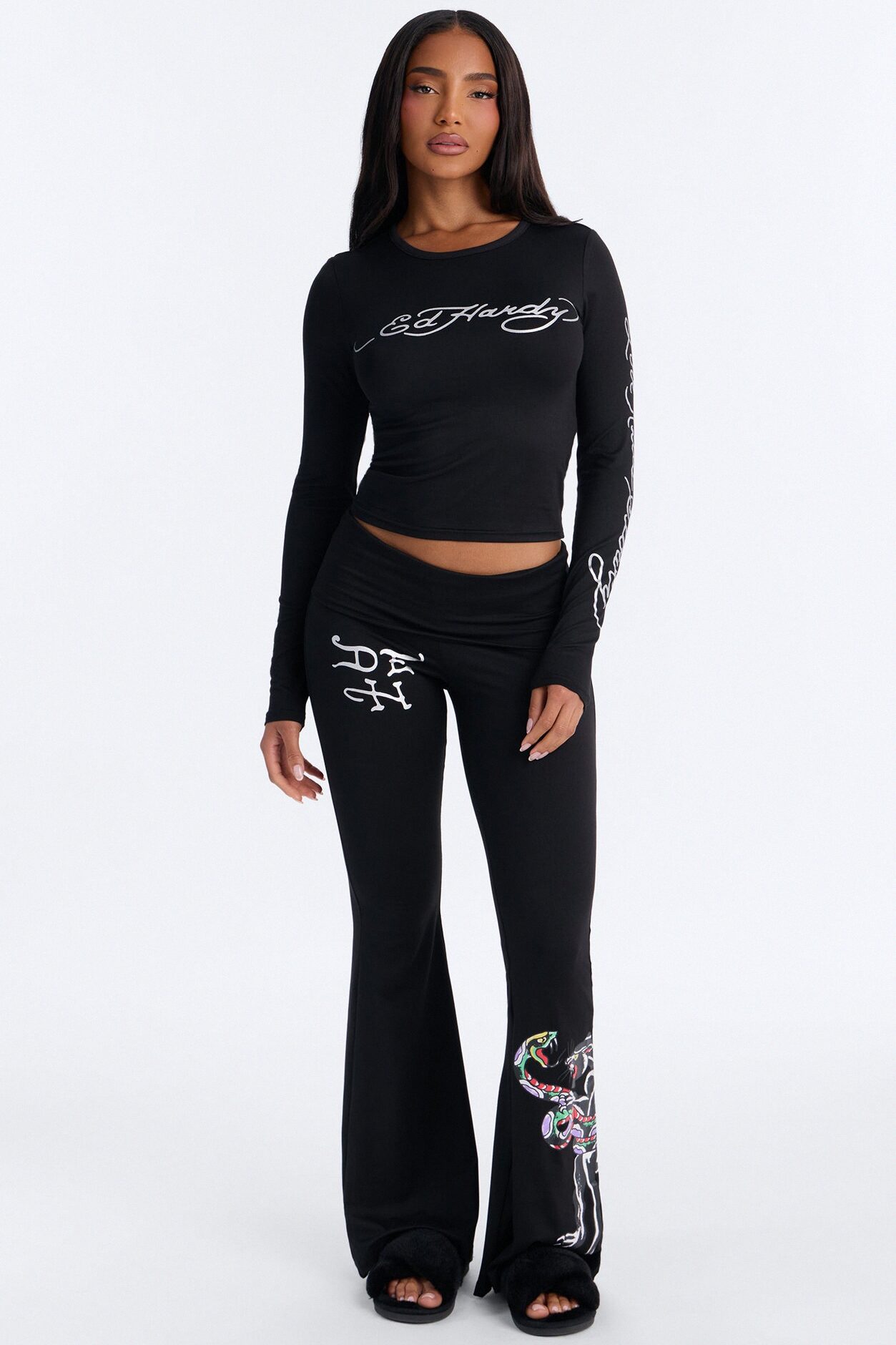 Ed Hardy Love Kills Flare PJ Pant Set - Black