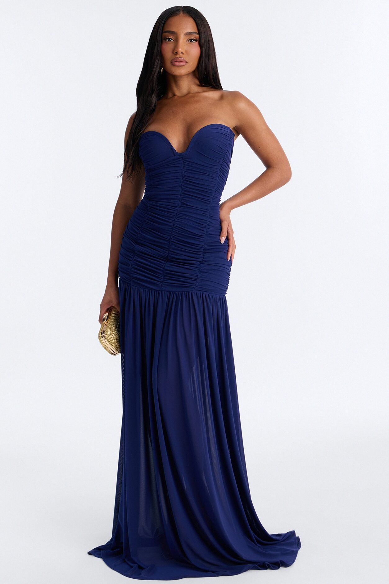Soft Glam Ruched Mesh Gown - Navy