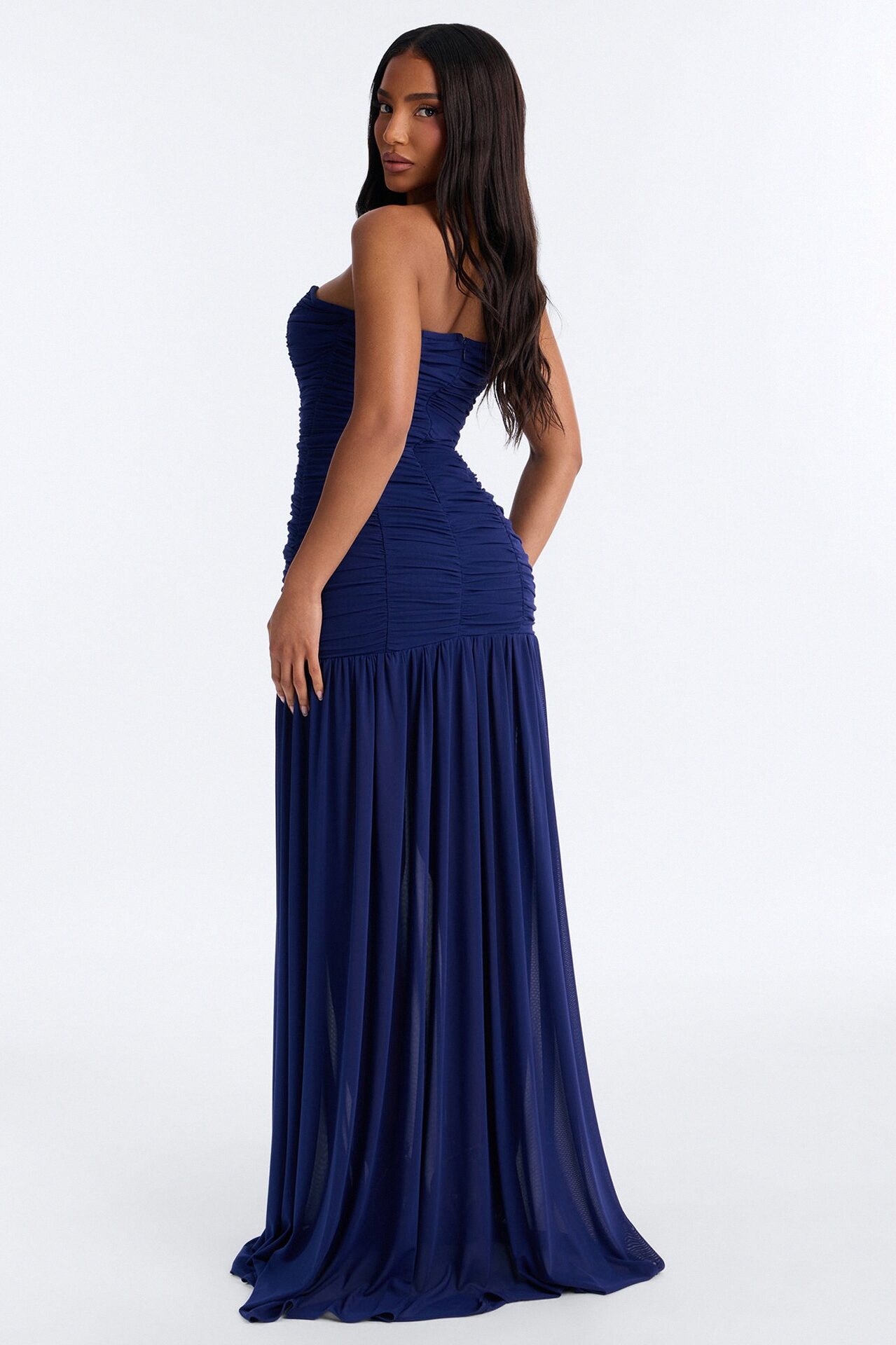 Soft Glam Ruched Mesh Gown - Navy