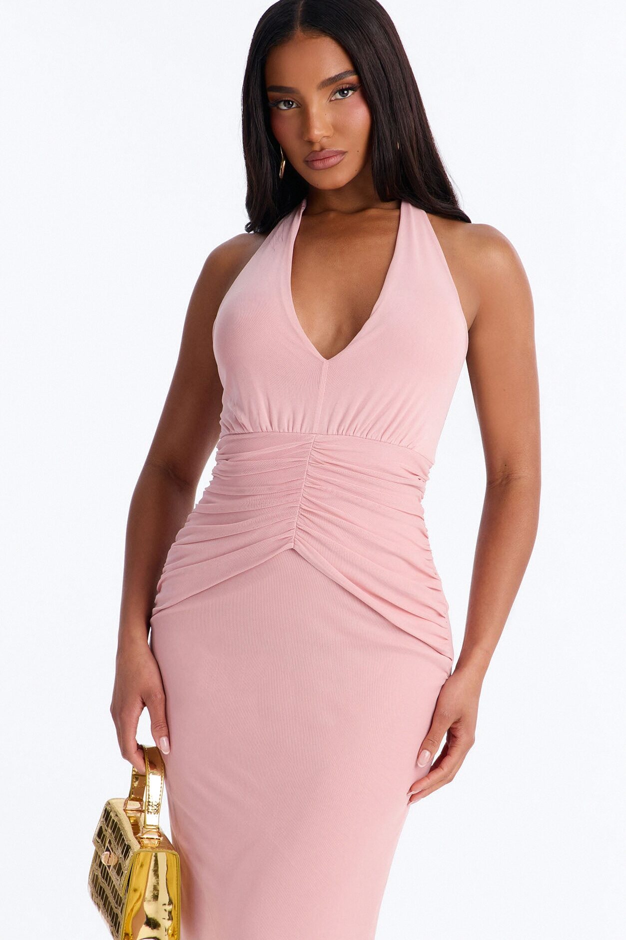 Natalie Ruched Mesh Midi Dress - Mauve