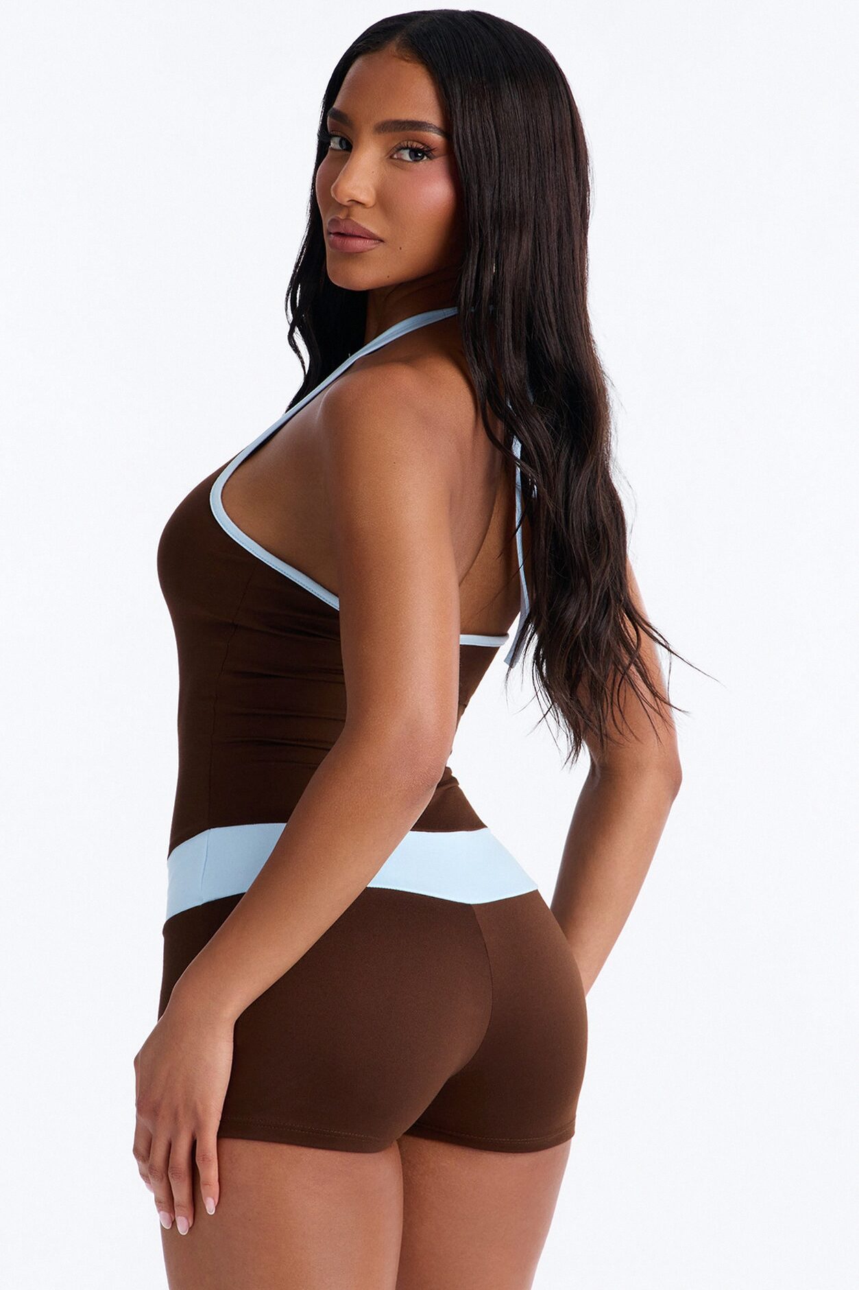 Bella Contrast Trim Halter Romper - Chocolate/Combo