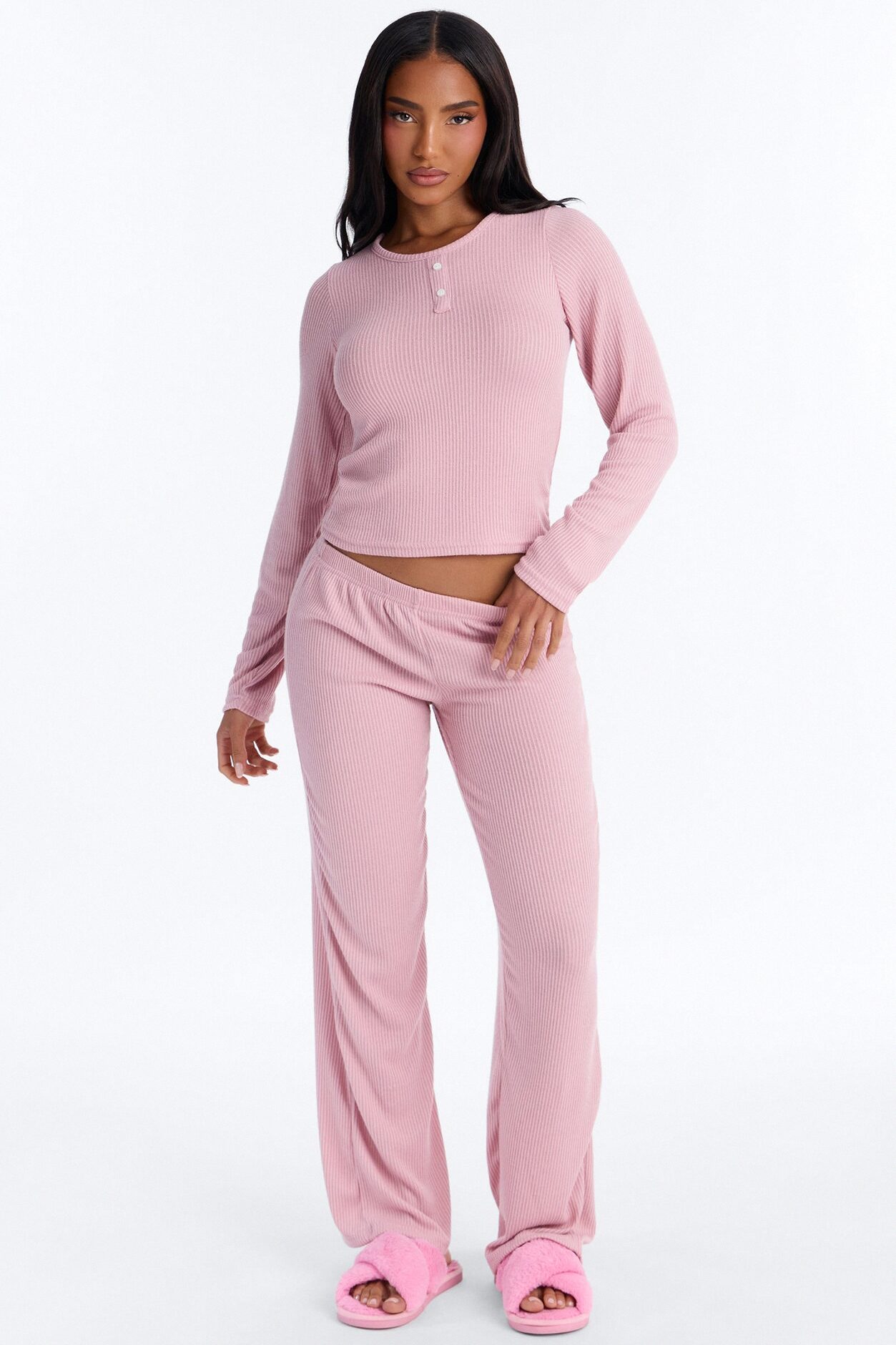 Slumber Haven Ribbed Long Sleeve PJ Pant Set - Mauve