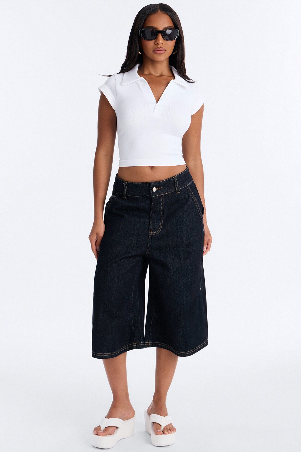 Camila Cap Sleeve Basic Polo Top - White