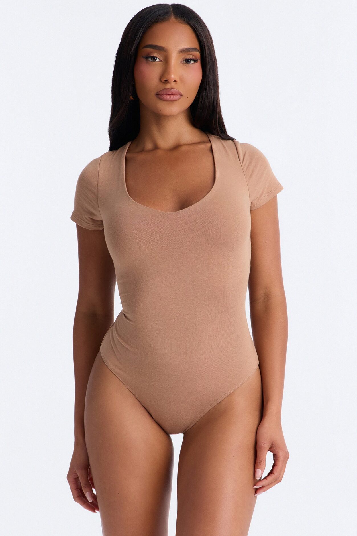 Marion Double Lined V Neck Bodysuit - Mocha