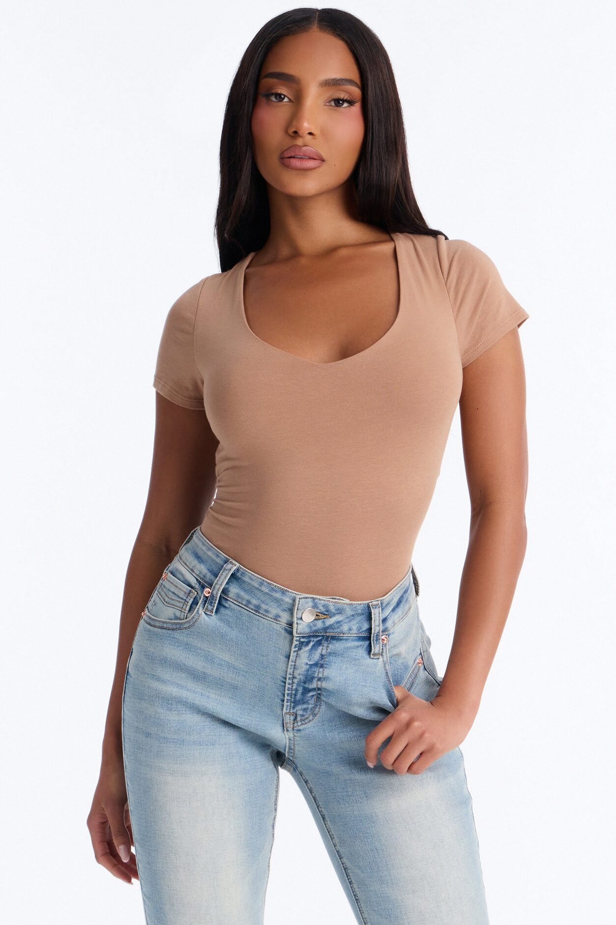 Marion Double Lined V Neck Bodysuit - Mocha