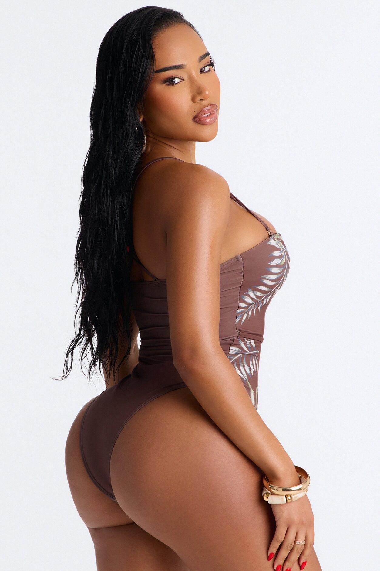 Tropic Like It's Hot 1 Piece Belted Strapless Swimsuit - Brown