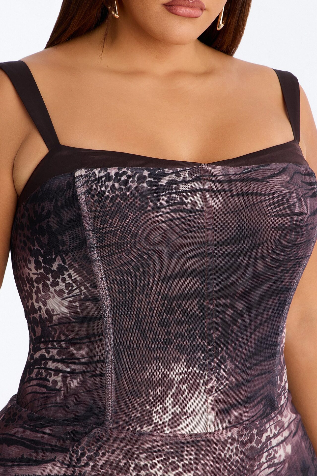 Idessa Corset Mesh Midi Dress - Brown/combo