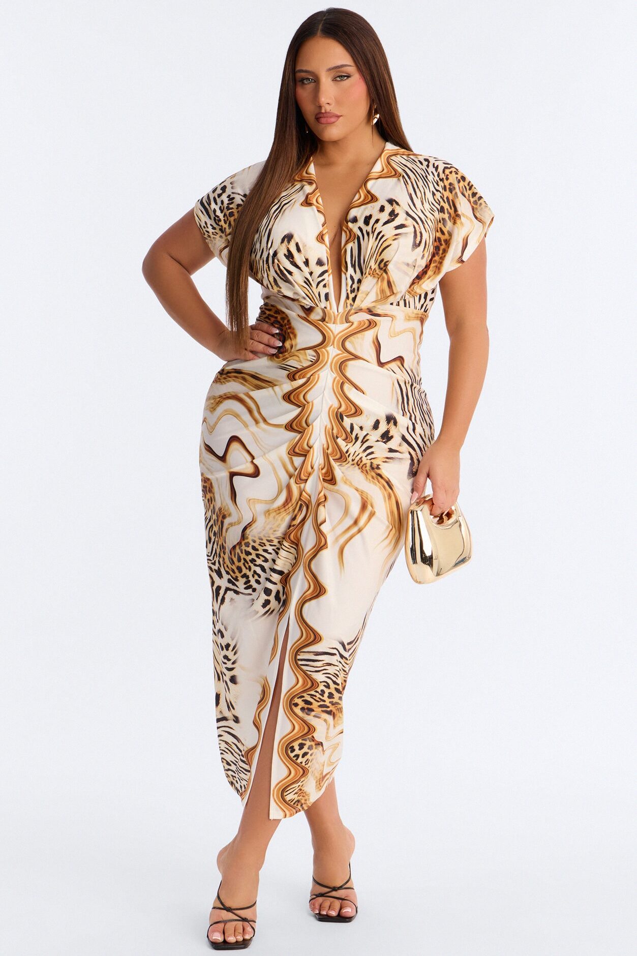 Annika Ruched Animal Print Midi Dress - Brown/combo
