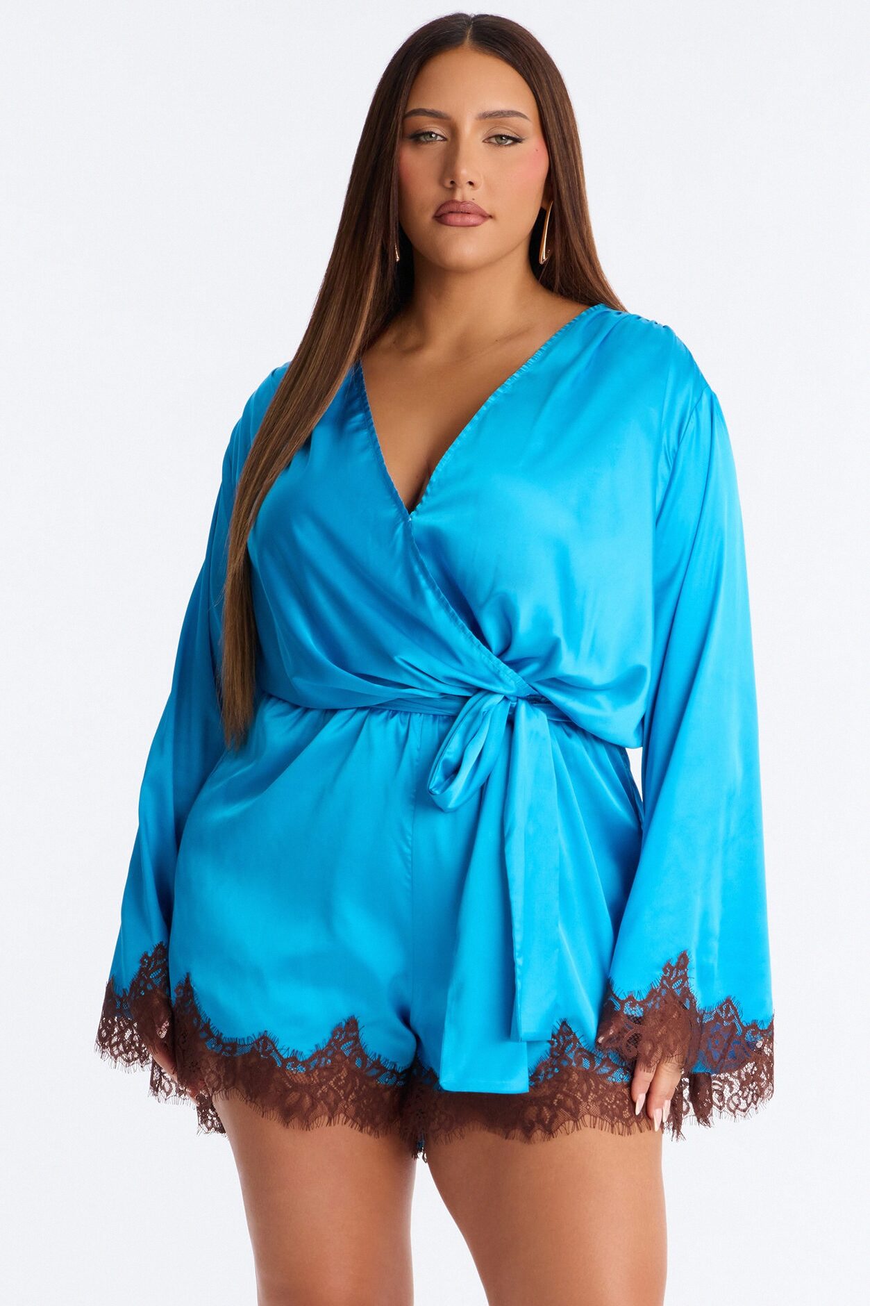 Cherie Satin Lace Trim Romper - Blue