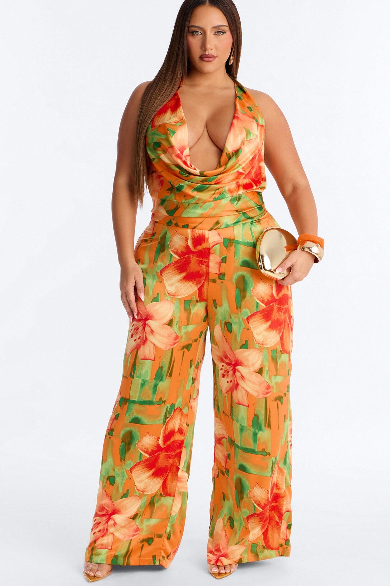 Tiana Tropical Cowl Neck Jumpsuit - Orange