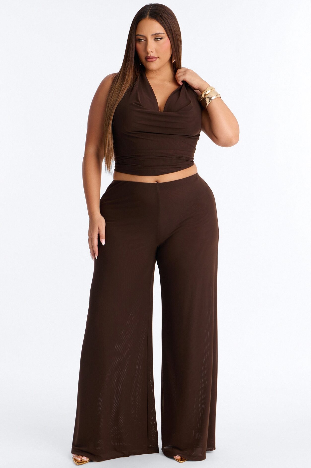 After Dark Behavior Mesh Halter Pant Set - Chocolate