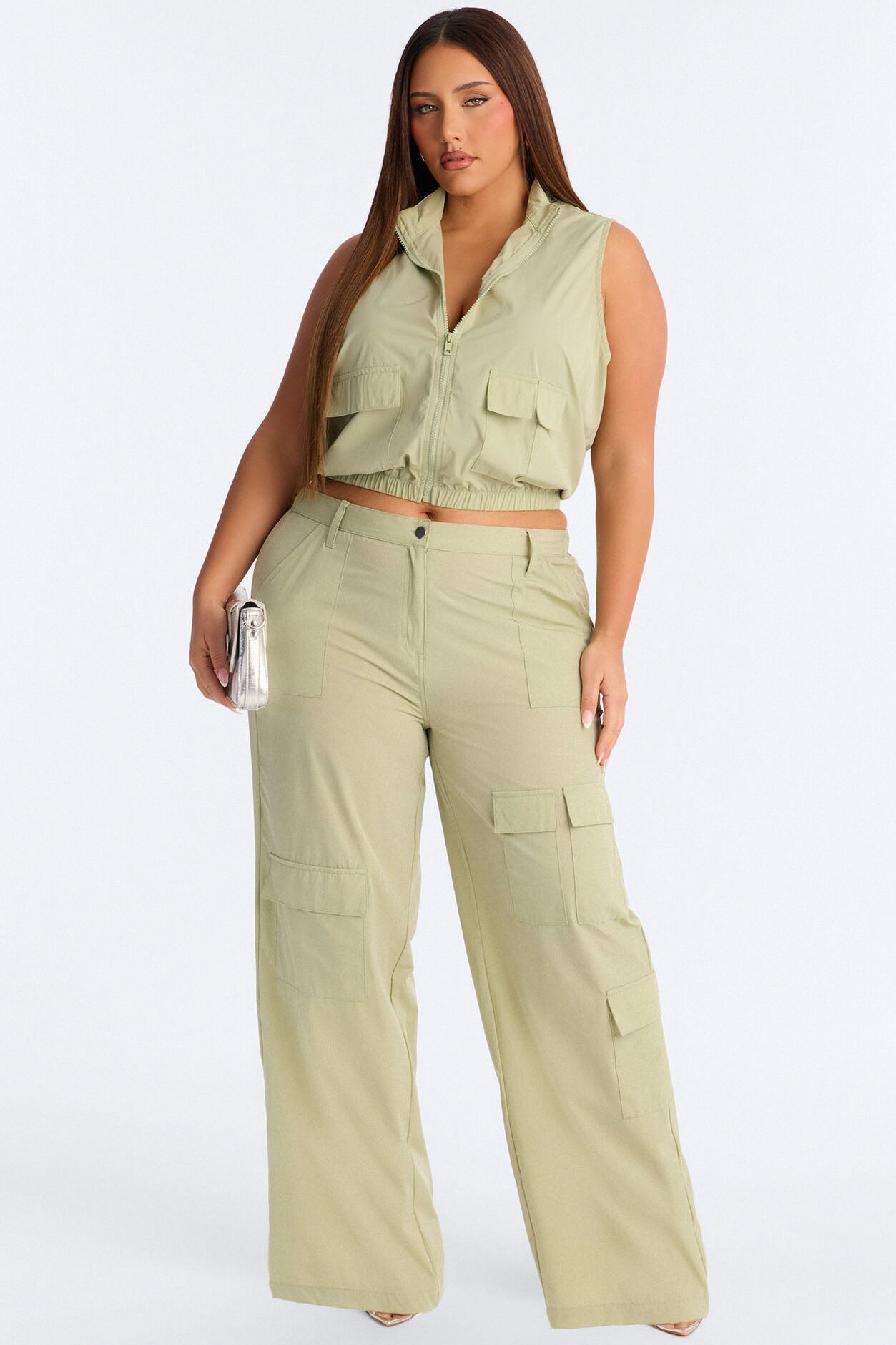 Nessa Nylon Cargo Sleeveless Vest Pant Set - Sage