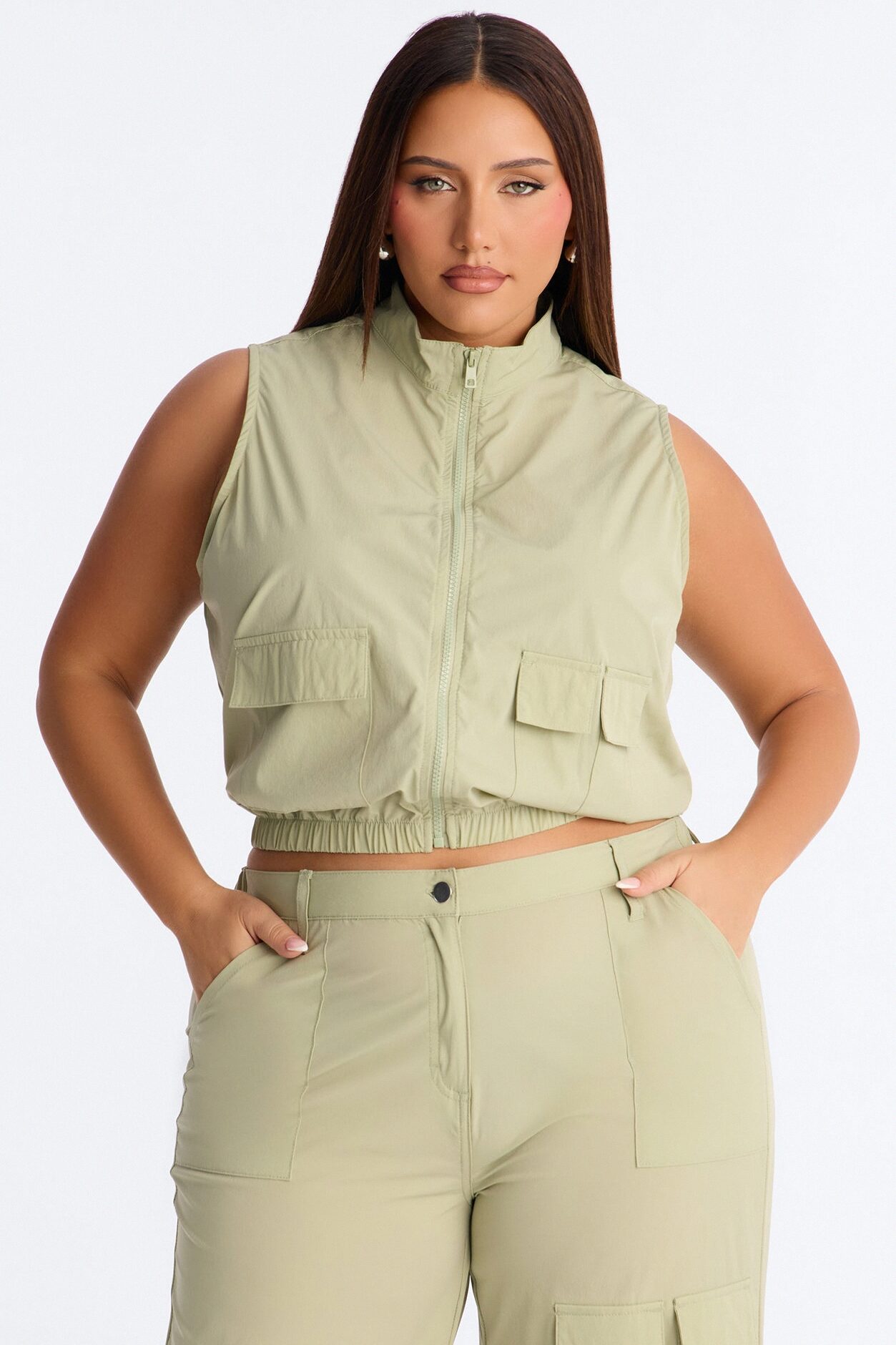 Nessa Nylon Cargo Sleeveless Vest Pant Set - Sage