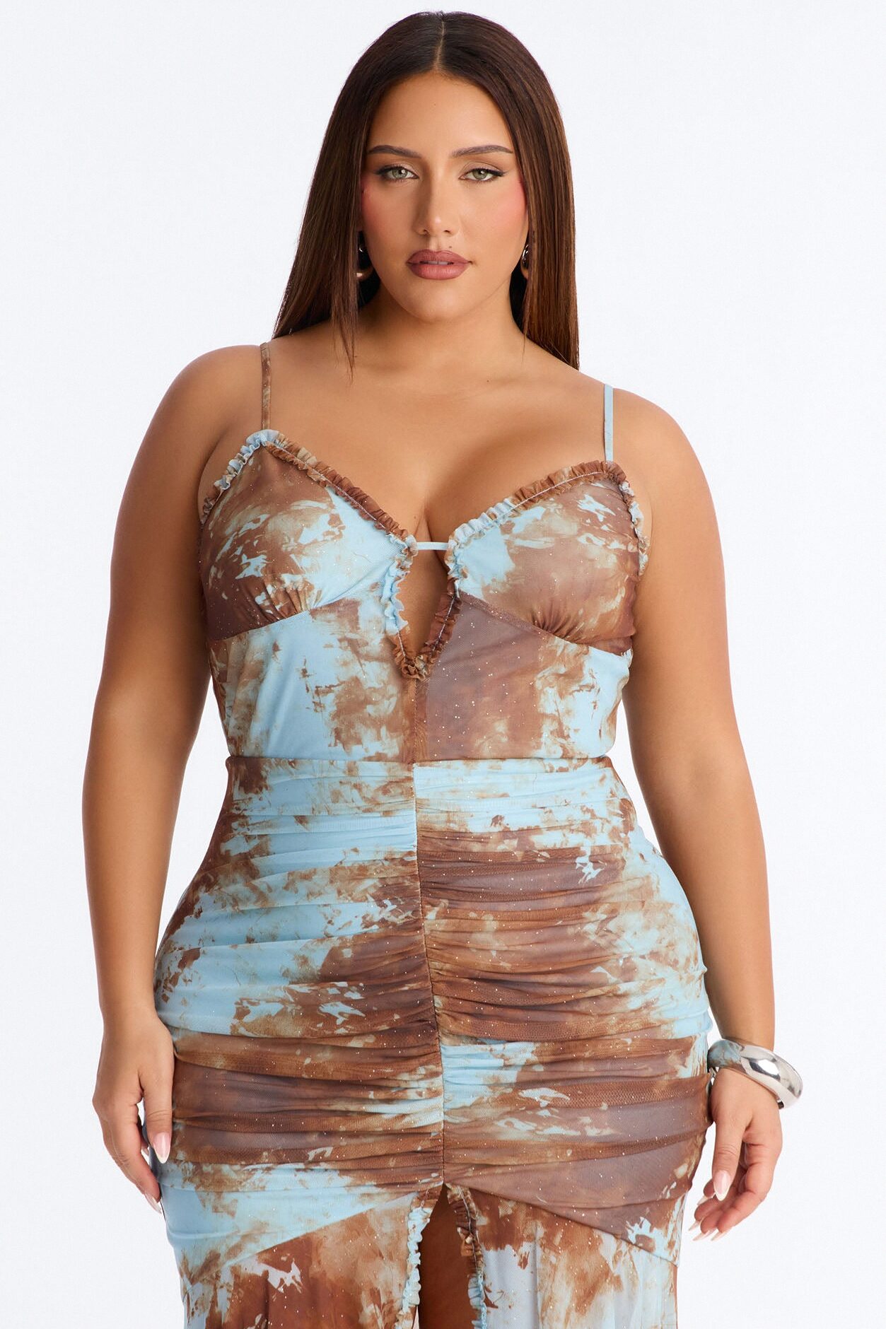 So Stunning Ruched Mesh Maxi Dress - Blue/combo
