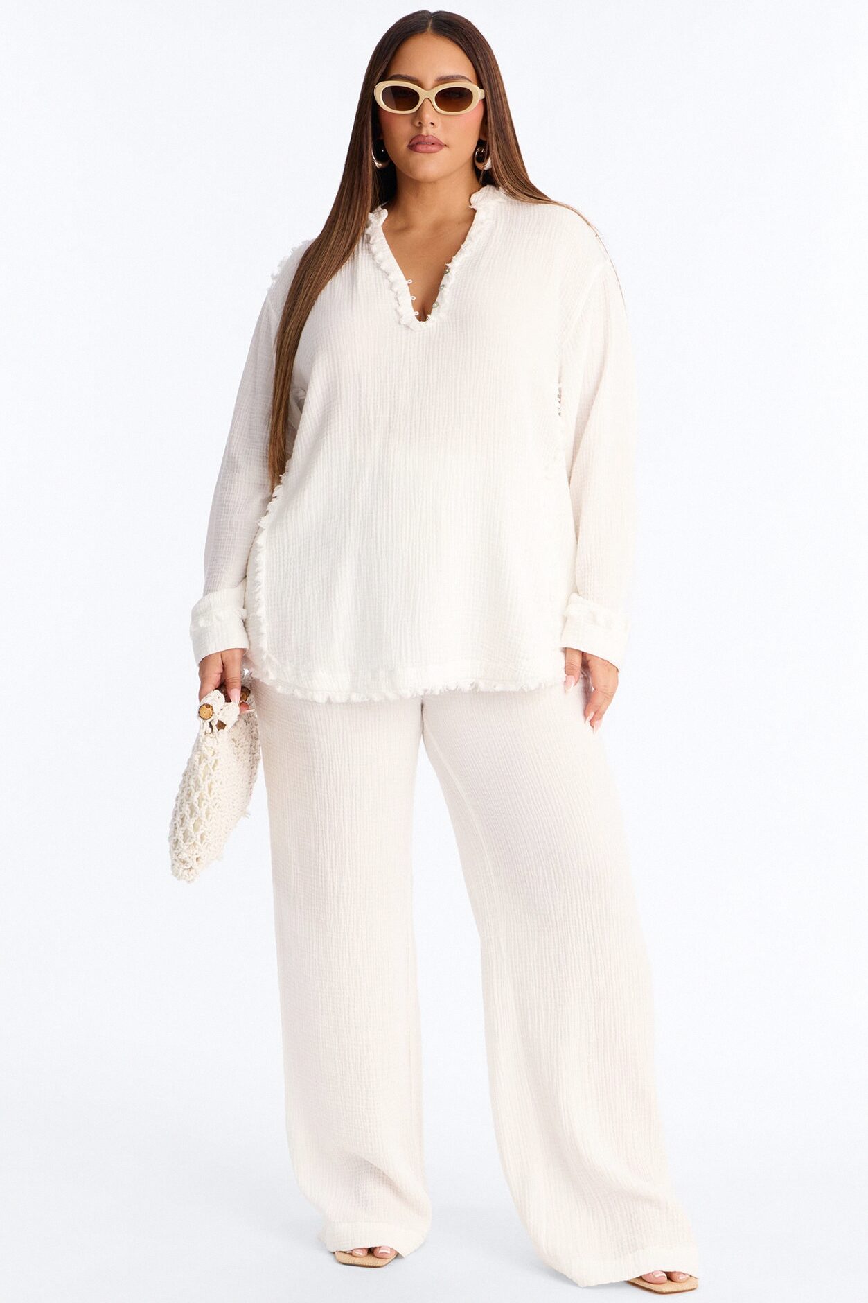 Isabella Gauze Wide Leg Pant Set - White
