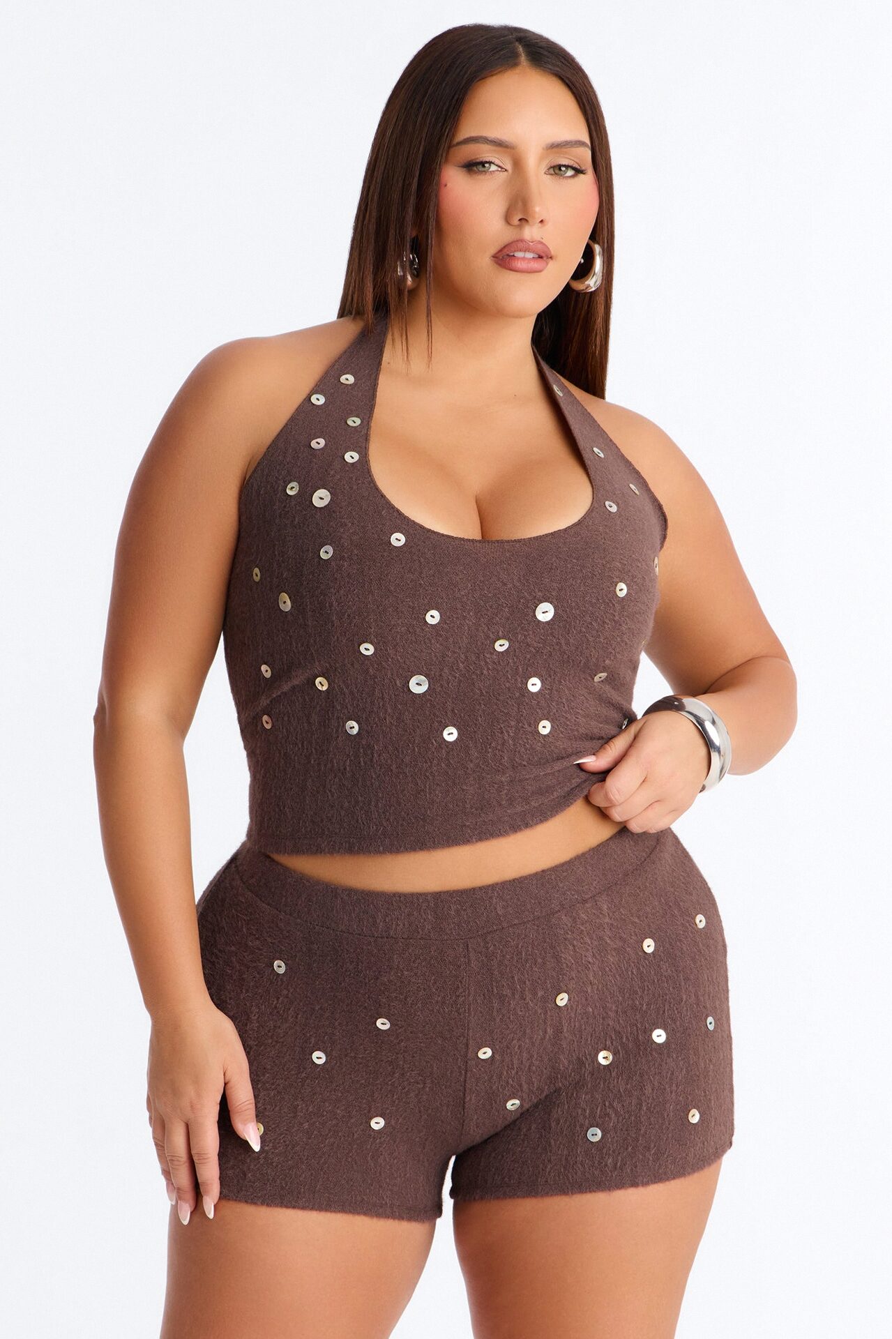 Seashell Fuzzy Halter Top - Chocolate