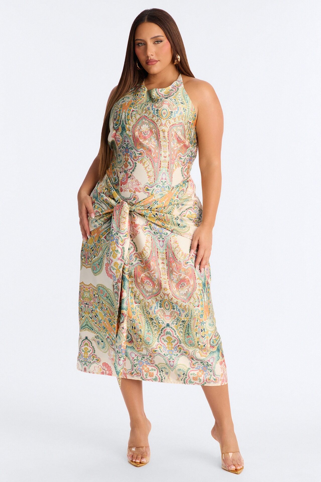 Imani Satin Midi Dress - Green/combo