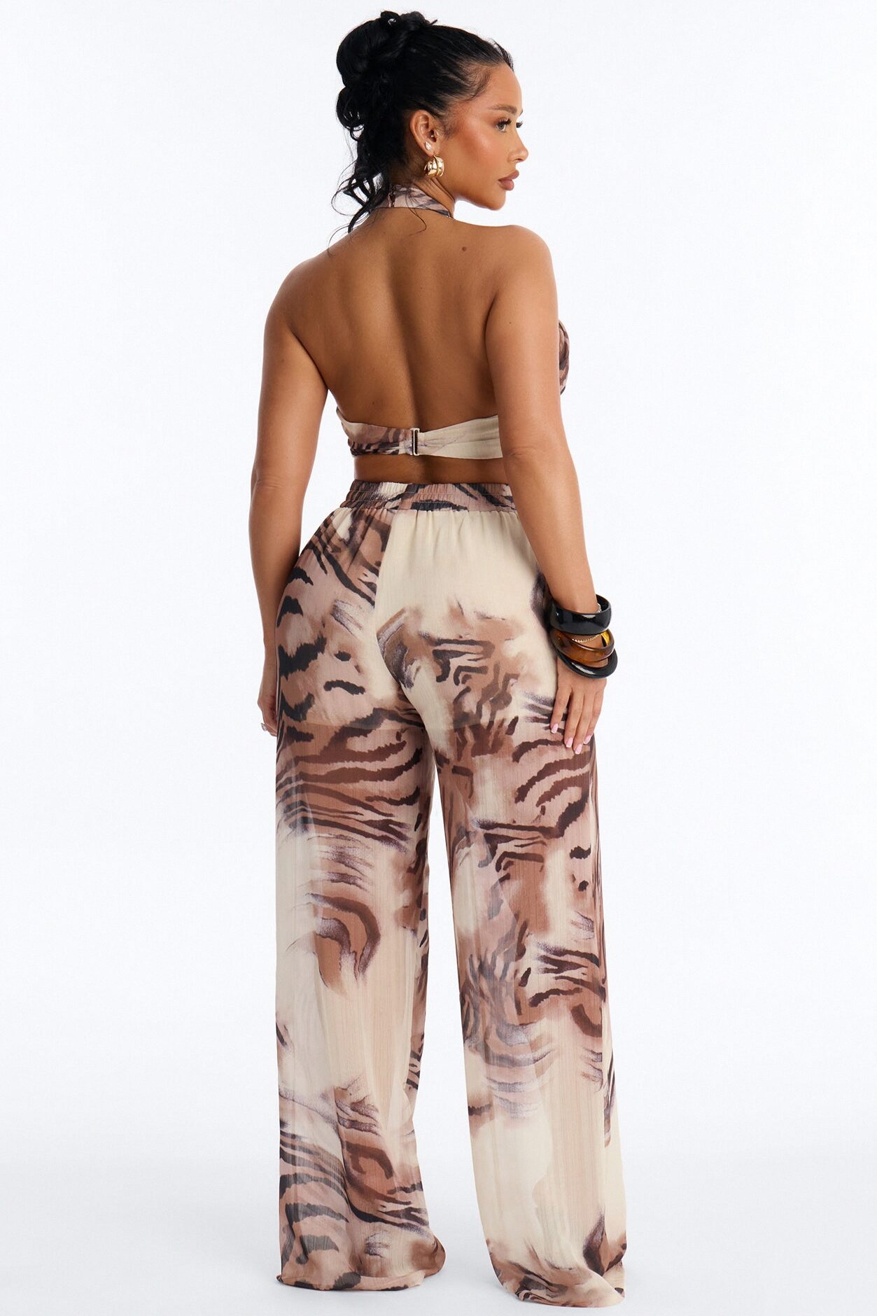 In The Wild Animal Print Halter Pant Set - Mocha/combo