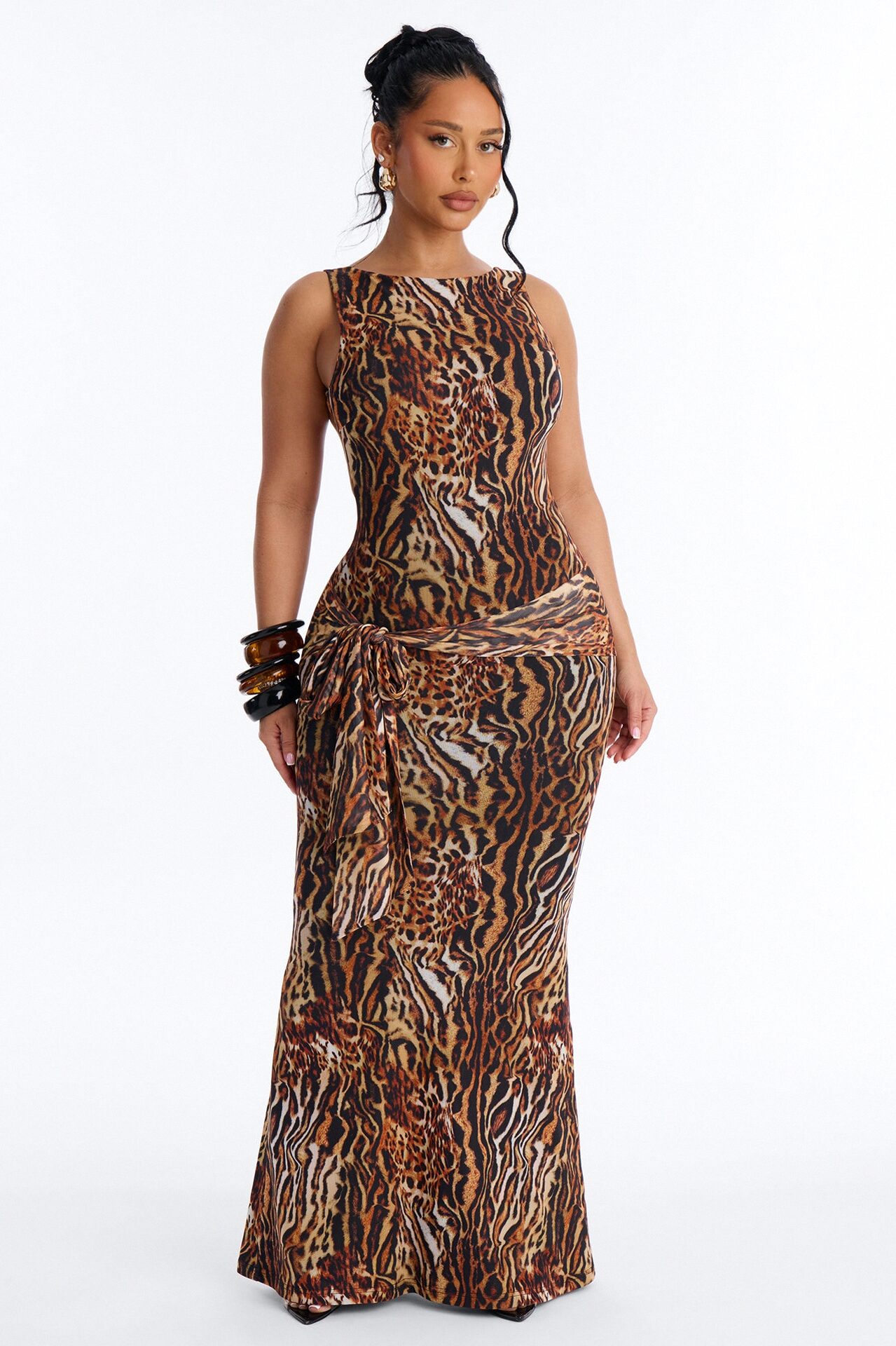 Take Me Off The Map Mesh Maxi Dress - Brown/combo