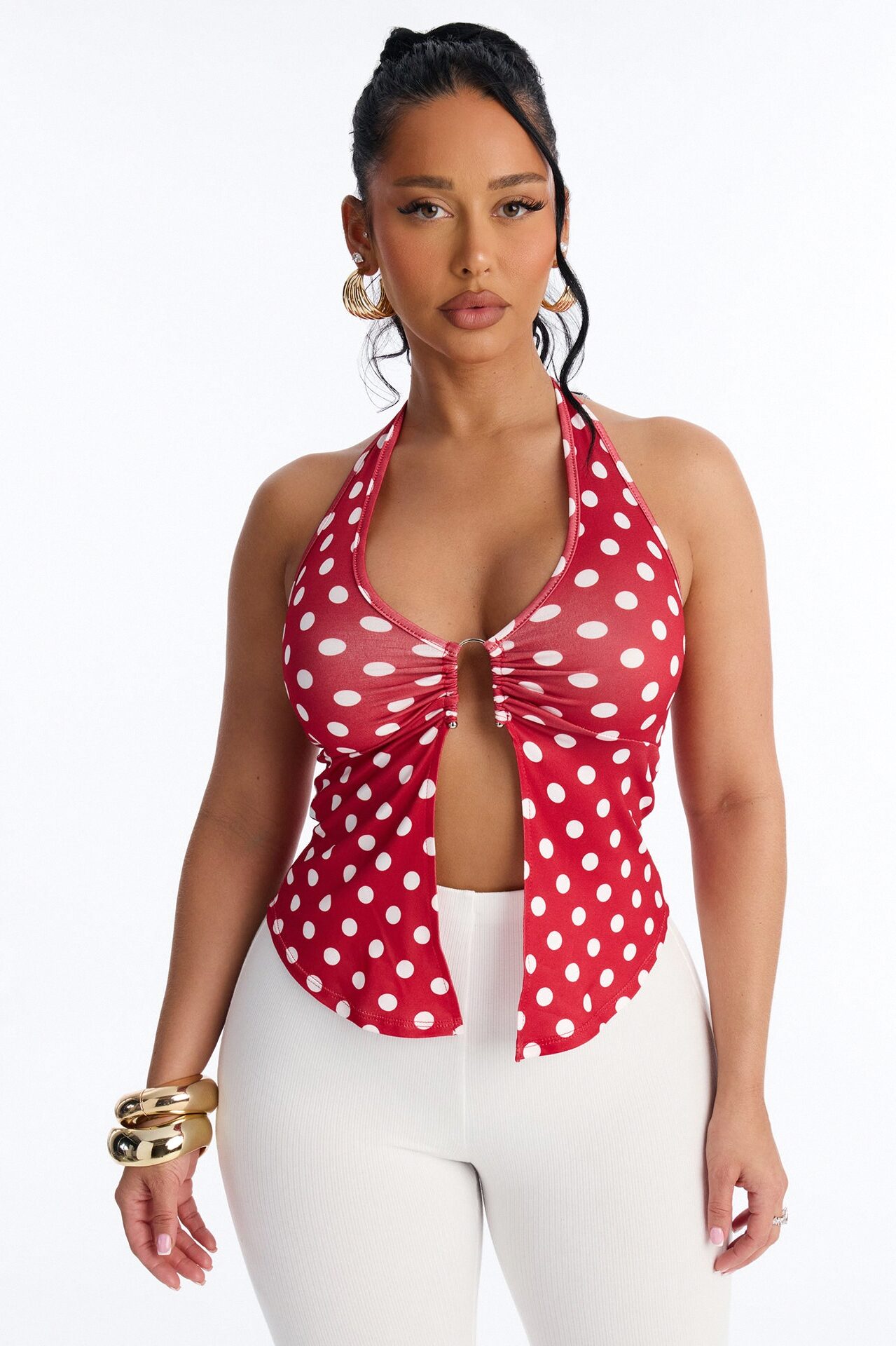Penelope Polka Dot Flyaway Halter Top - Red/combo