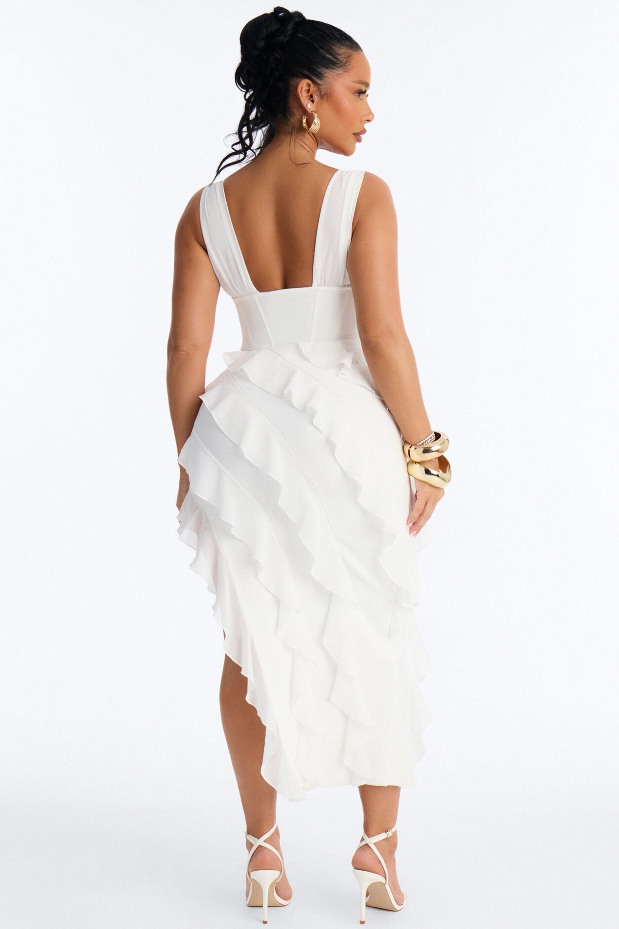 Jocelyn Bandage Ruffle Midi Dress - White