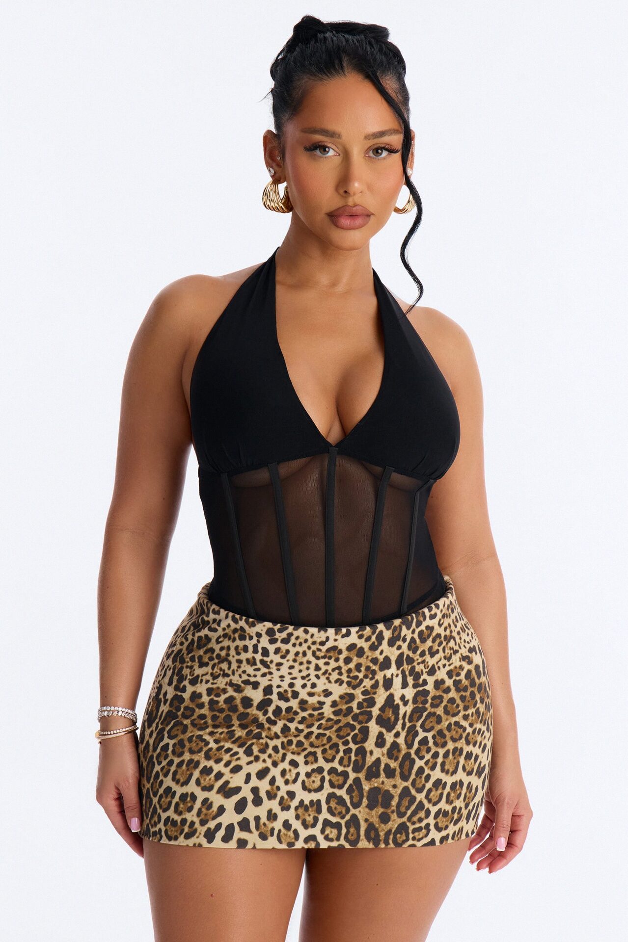 Nightfall Vibe Sheer Corset Waist Bodysuit - Black