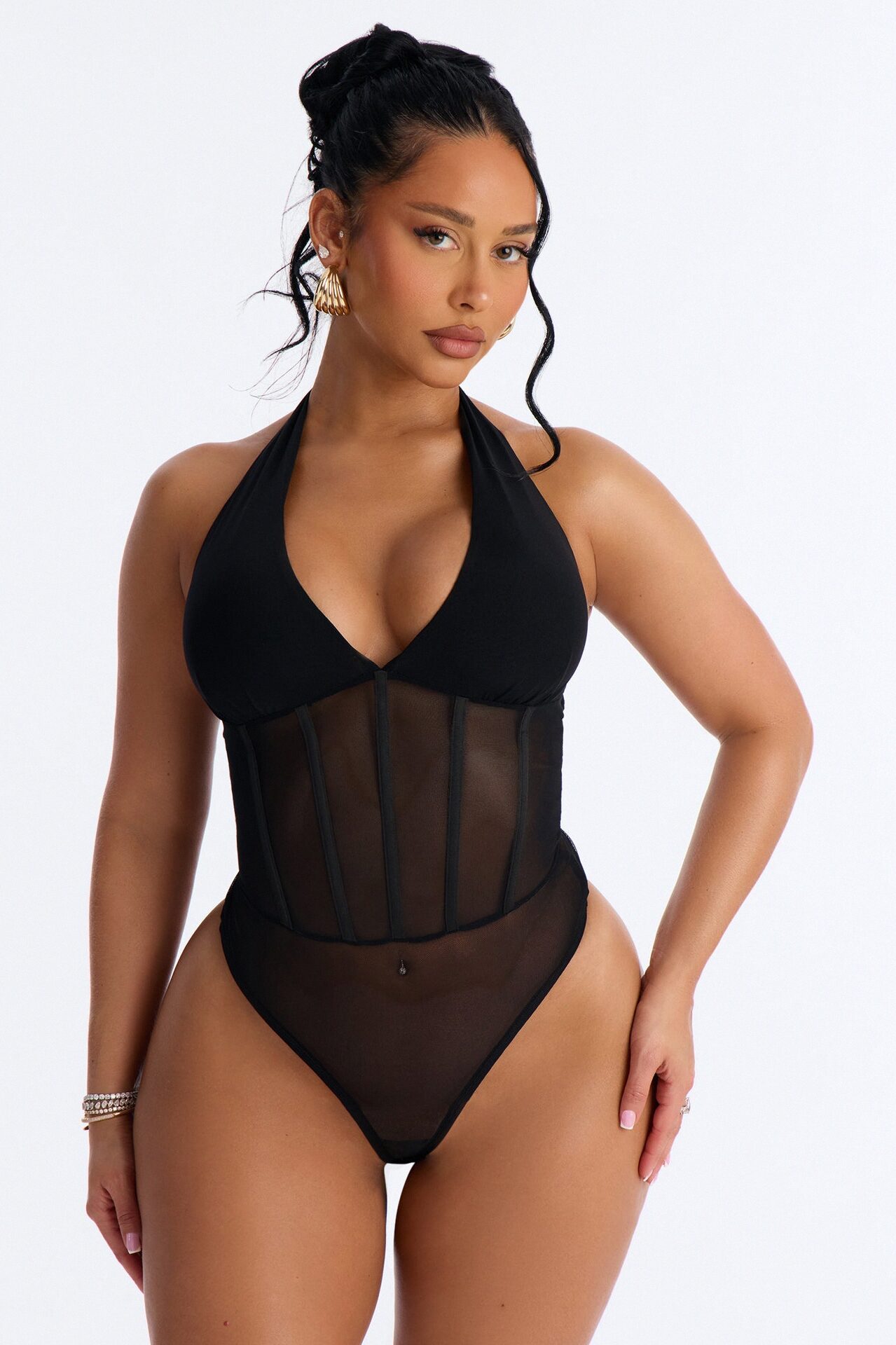 Nightfall Vibe Sheer Corset Waist Bodysuit - Black