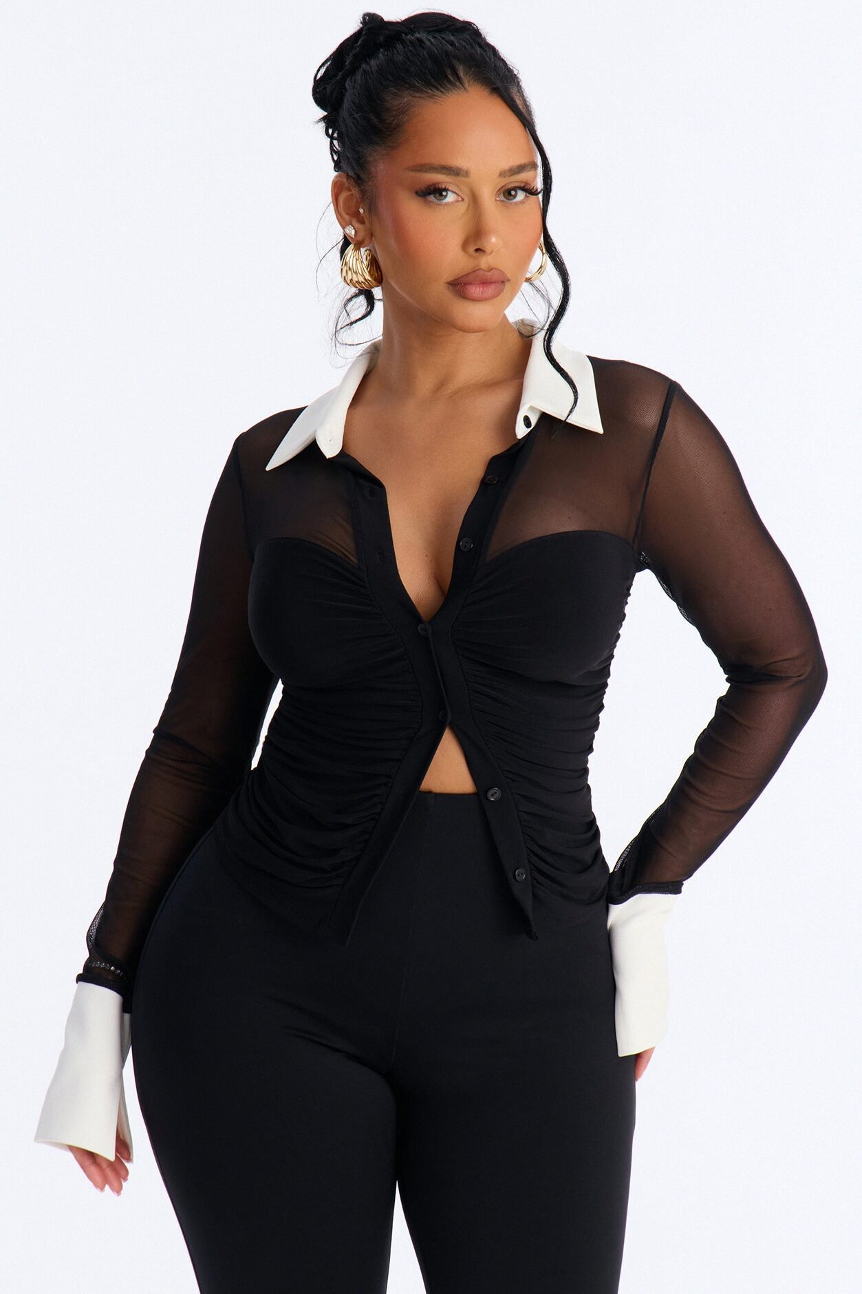 Strictly Yours Ruched Mesh Long Sleeve Shirt - Black/combo