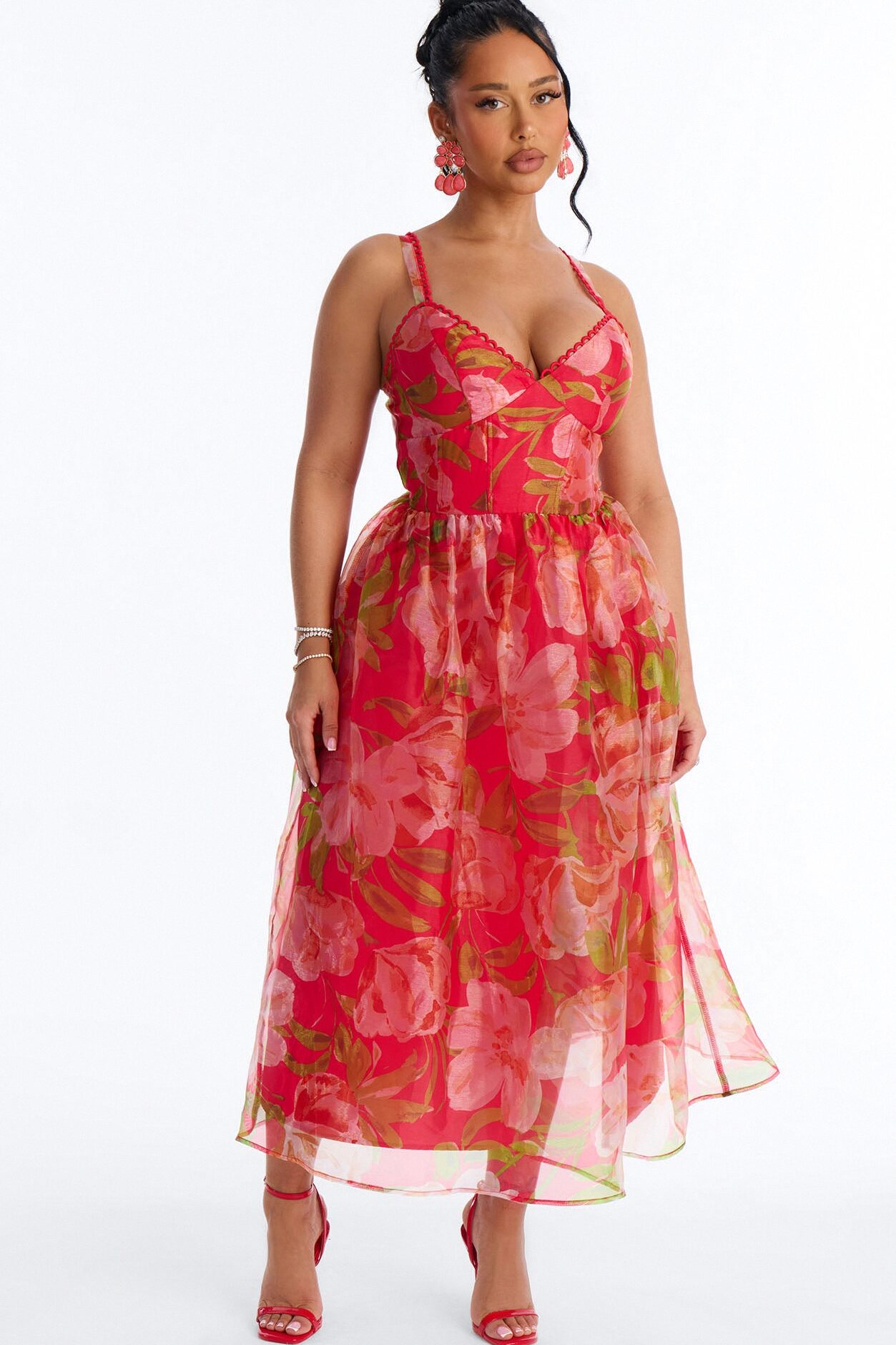 Jennifer Floral Organza Midi Dress - Red/combo