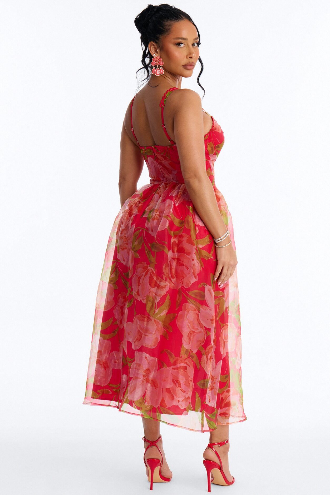Jennifer Floral Organza Midi Dress - Red/combo
