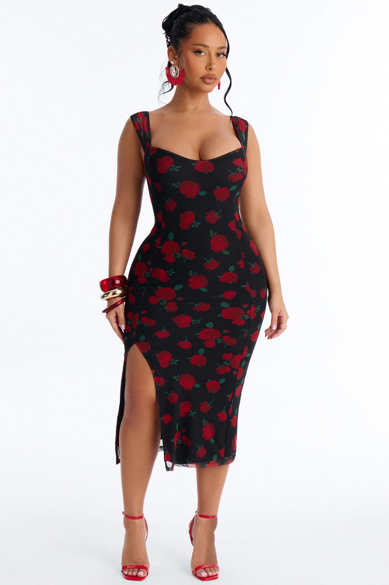 Adrienne Printed Mesh Midi Dress - Black/Red