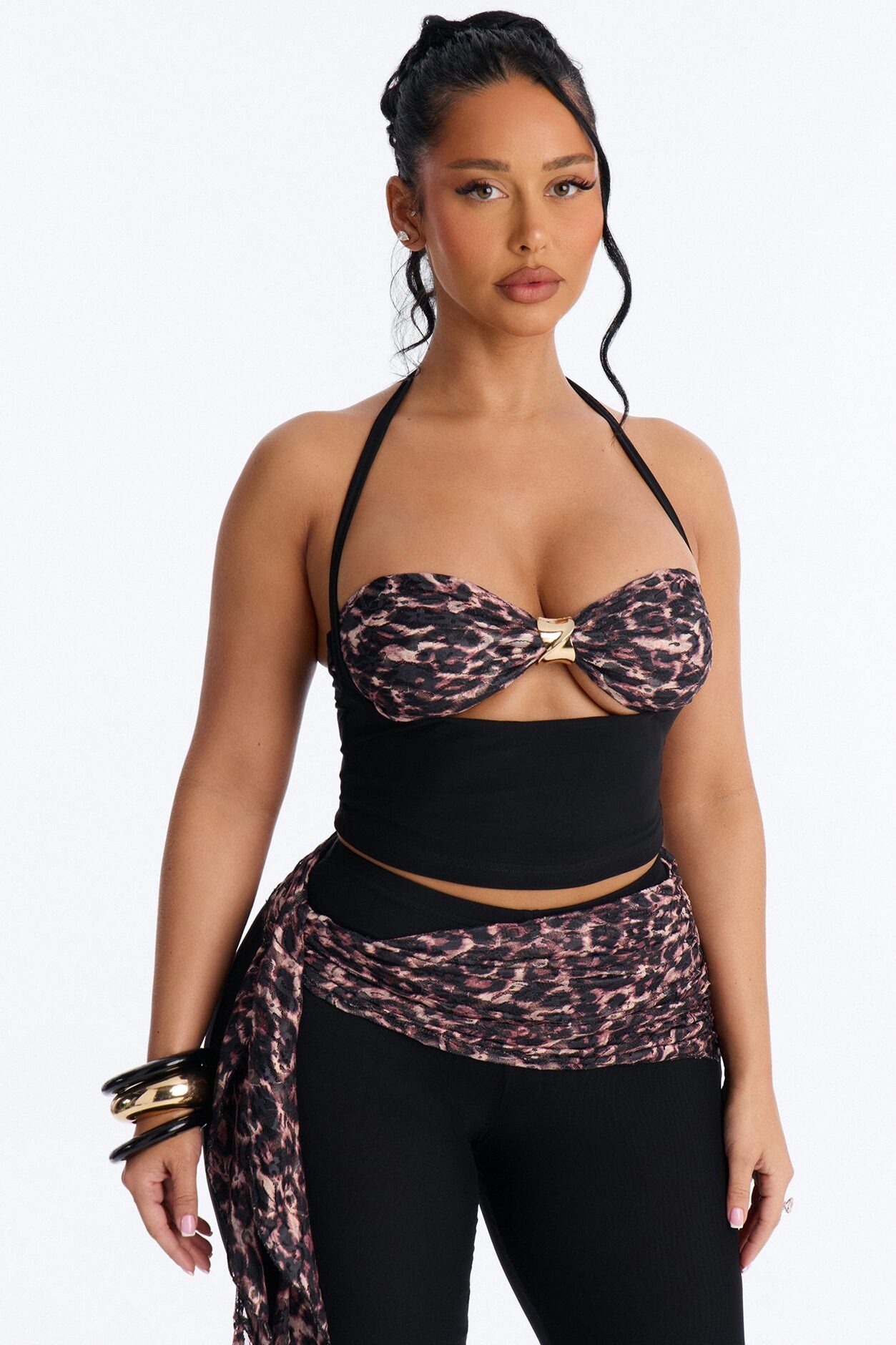 Wildly Tempting Halter Leopard Pant Set - Black/combo