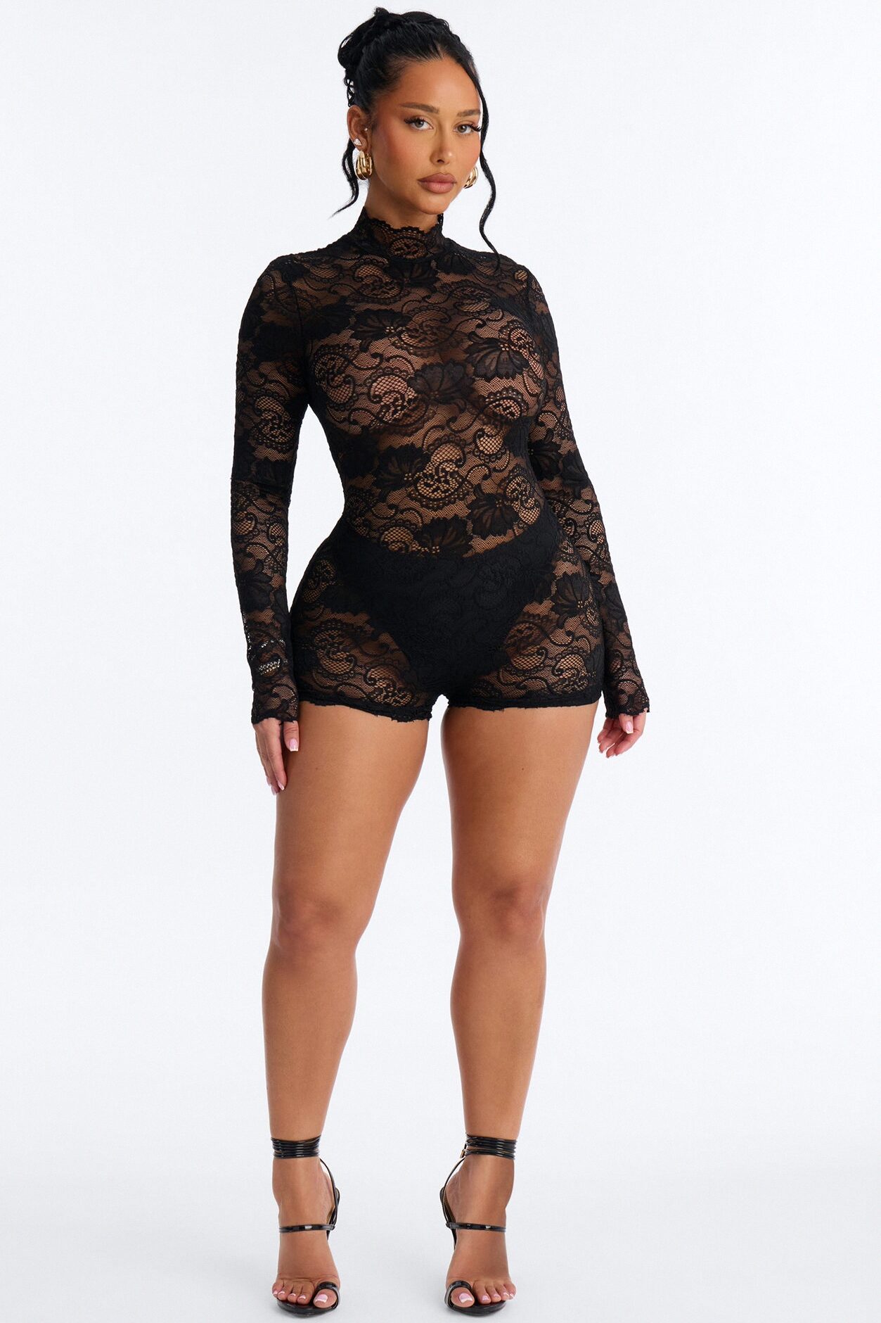Leana Lace Sheer Micro Romper - Black