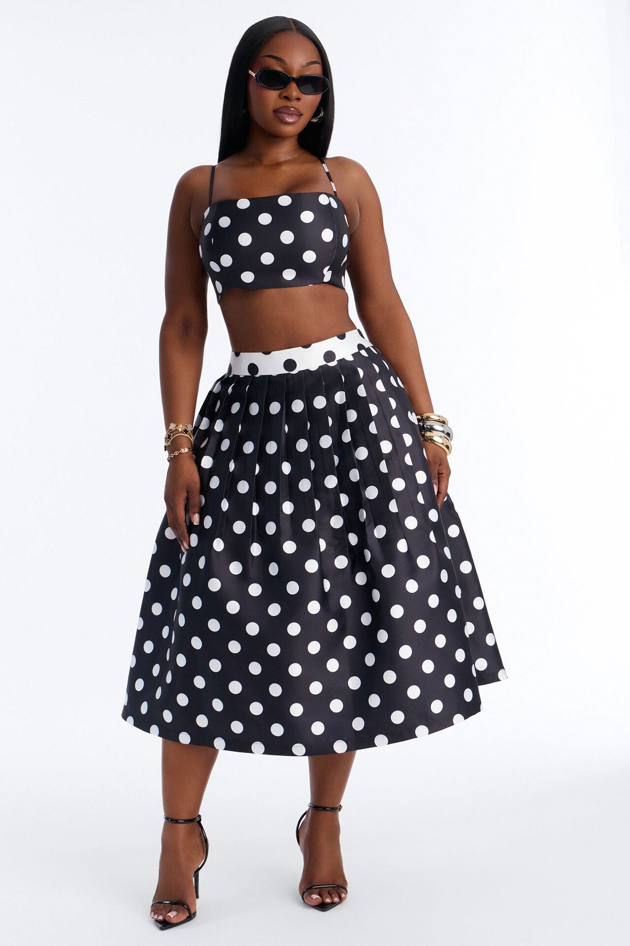 Marielle Pleated Polka Dot Midi Skirt - Black/White
