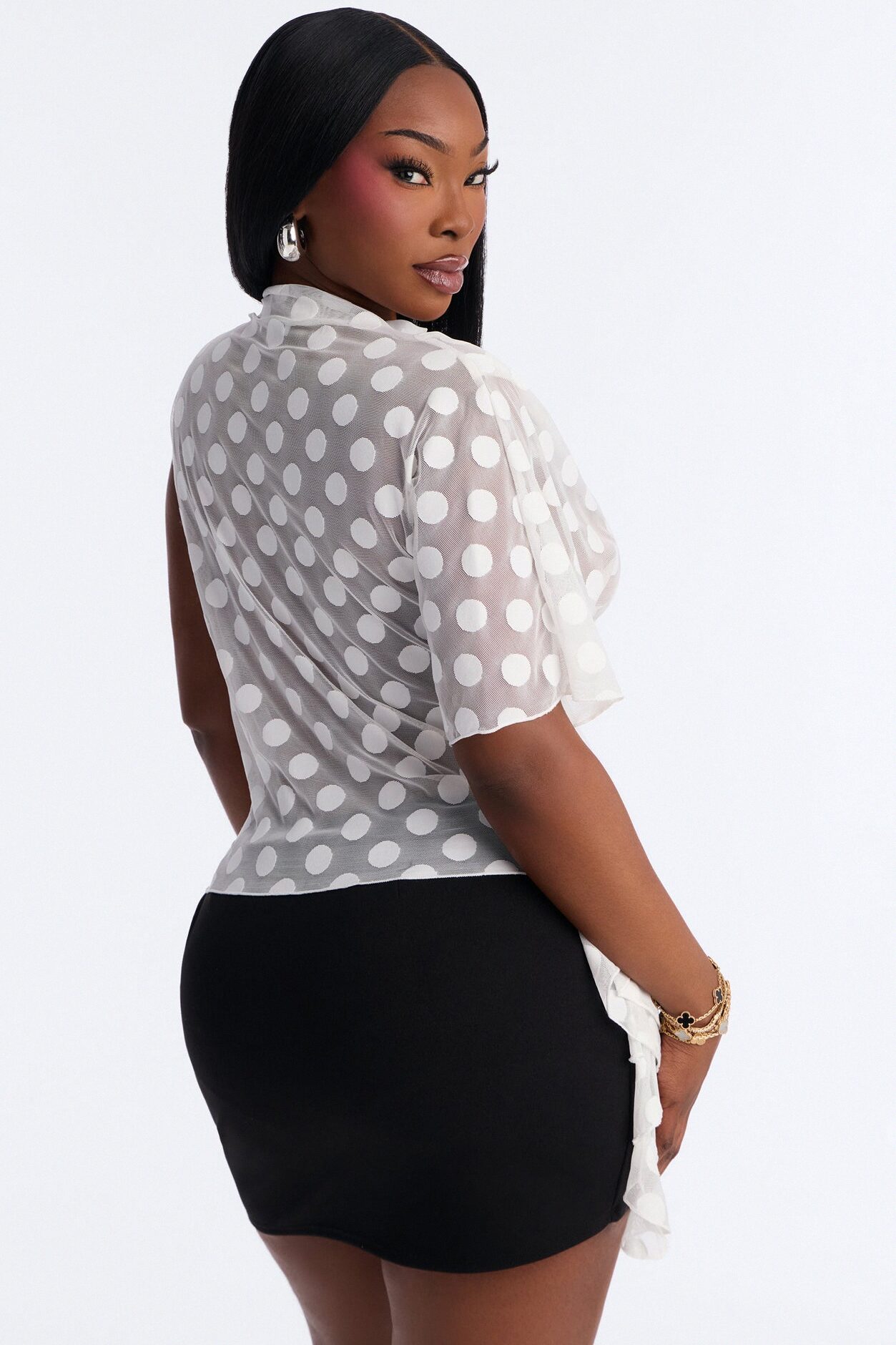 Sunday Brunch Polka Dot Mesh One Shoulder Top - White