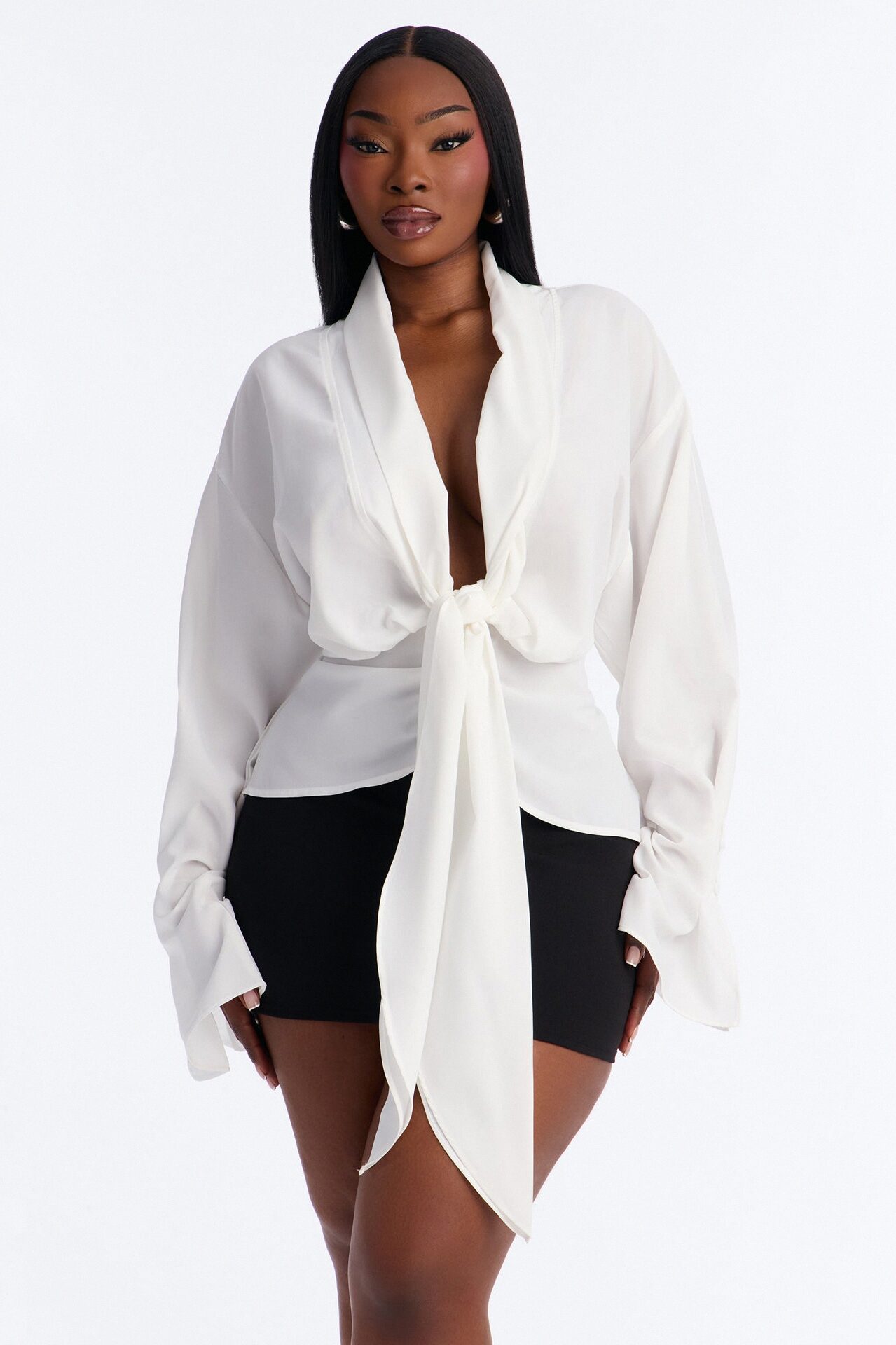 Just Like That Ruched V Neck Chiffon Blouse - White