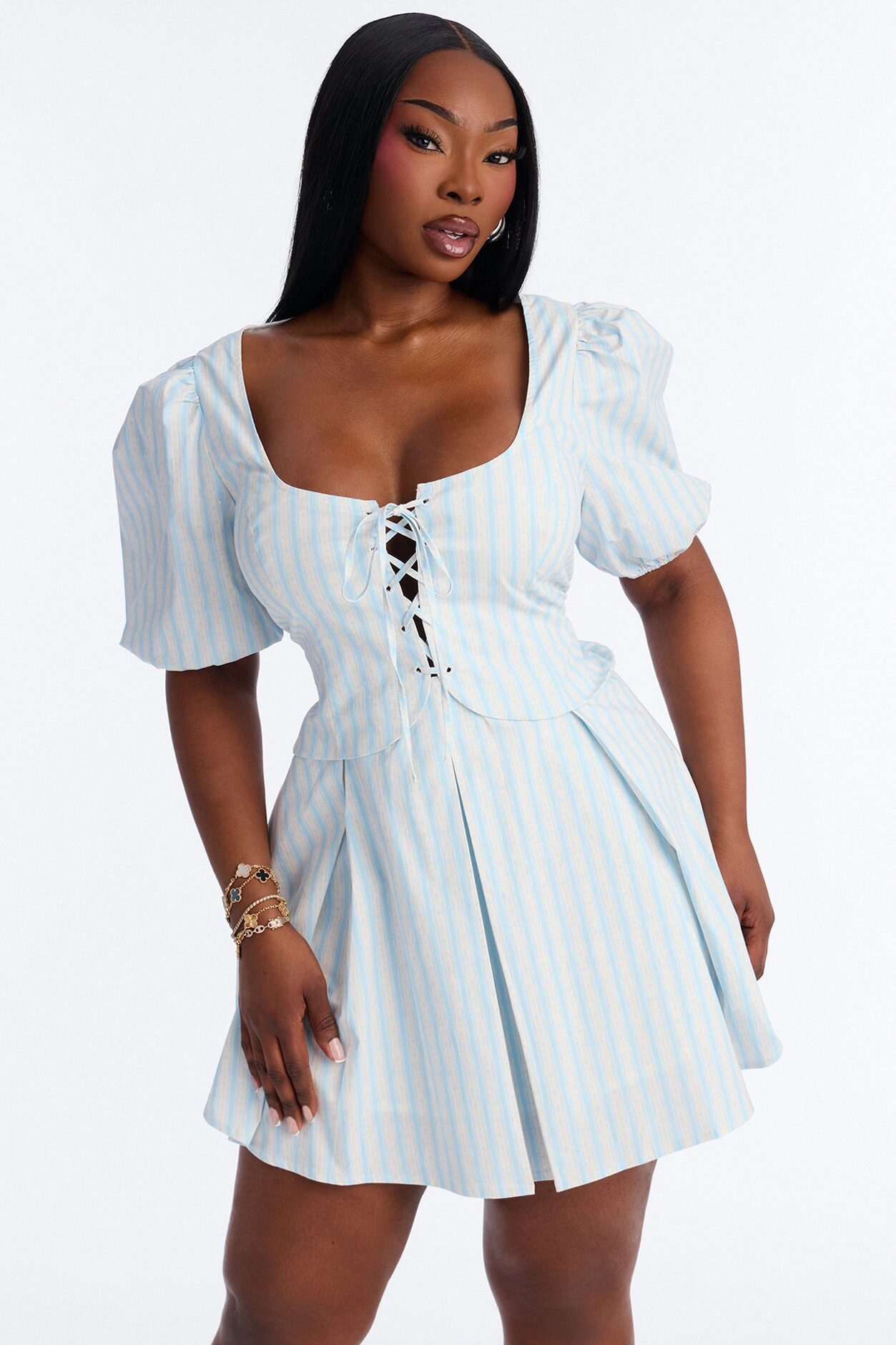 Delilah Poplin Striped Puff Sleeve Mini Dress - Blue/combo