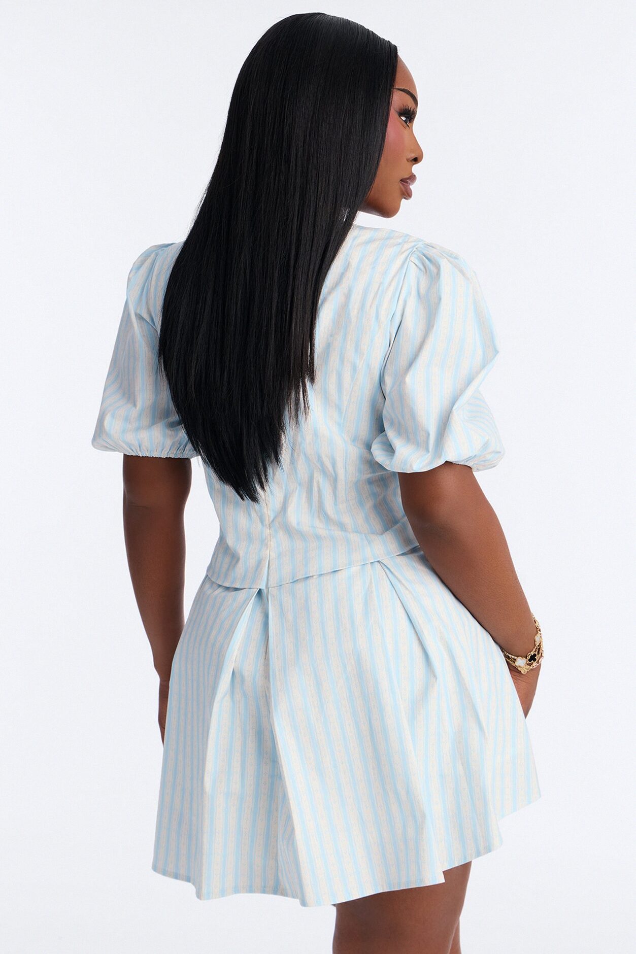 Delilah Poplin Striped Puff Sleeve Mini Dress - Blue/combo